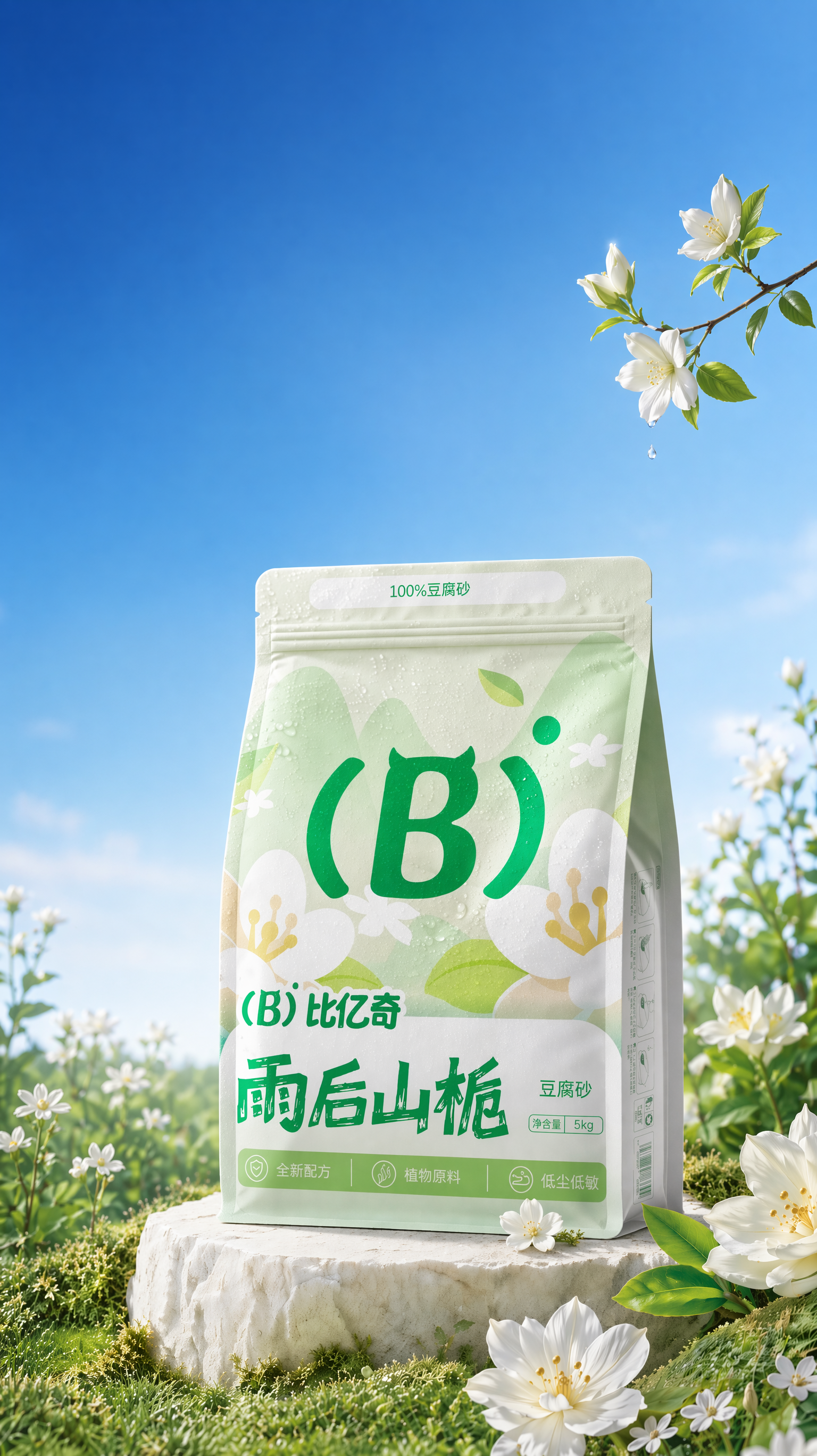 把图1红色框内的花和植物简化一点矮一点,并且色彩上拉开与中间包装的对比,不能混合在一起。天空颜色变成图2类似的。包装右上角黄色框内加一支3伸出来的白色栀子花,树枝和花朵不要太大,栀子花朵上面有一滴露水滴落,细小一点。其余画面不变