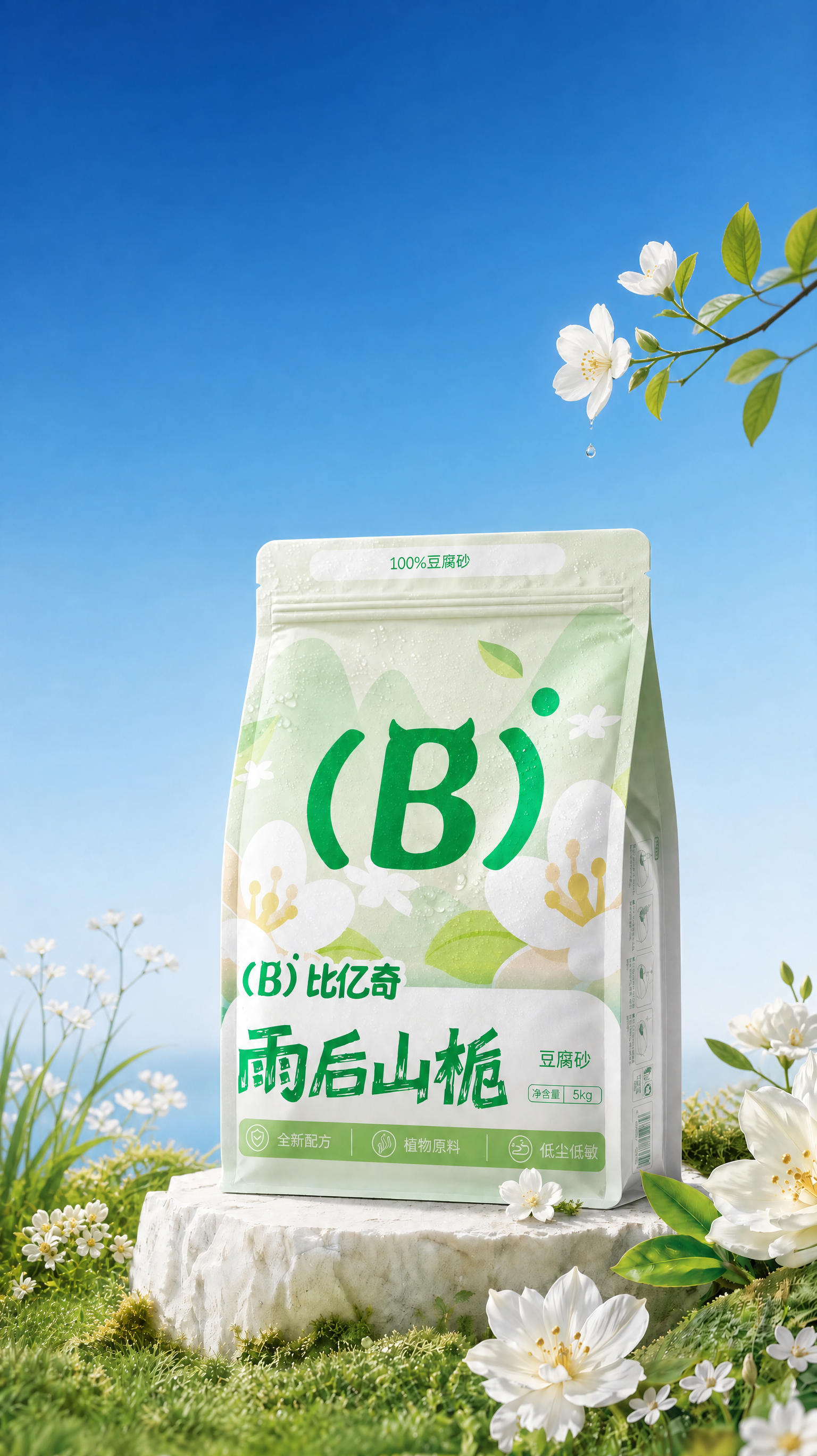 把图1红色框内的花和植物简化一点矮一点,并且色彩上拉开与中间包装的对比,不能混合在一起。天空颜色变成图2类似的。包装右上角黄色框内加一支3伸出来的白色栀子花,树枝和花朵不要太大,栀子花朵上面有一滴露水滴落,细小一点。其余画面不变