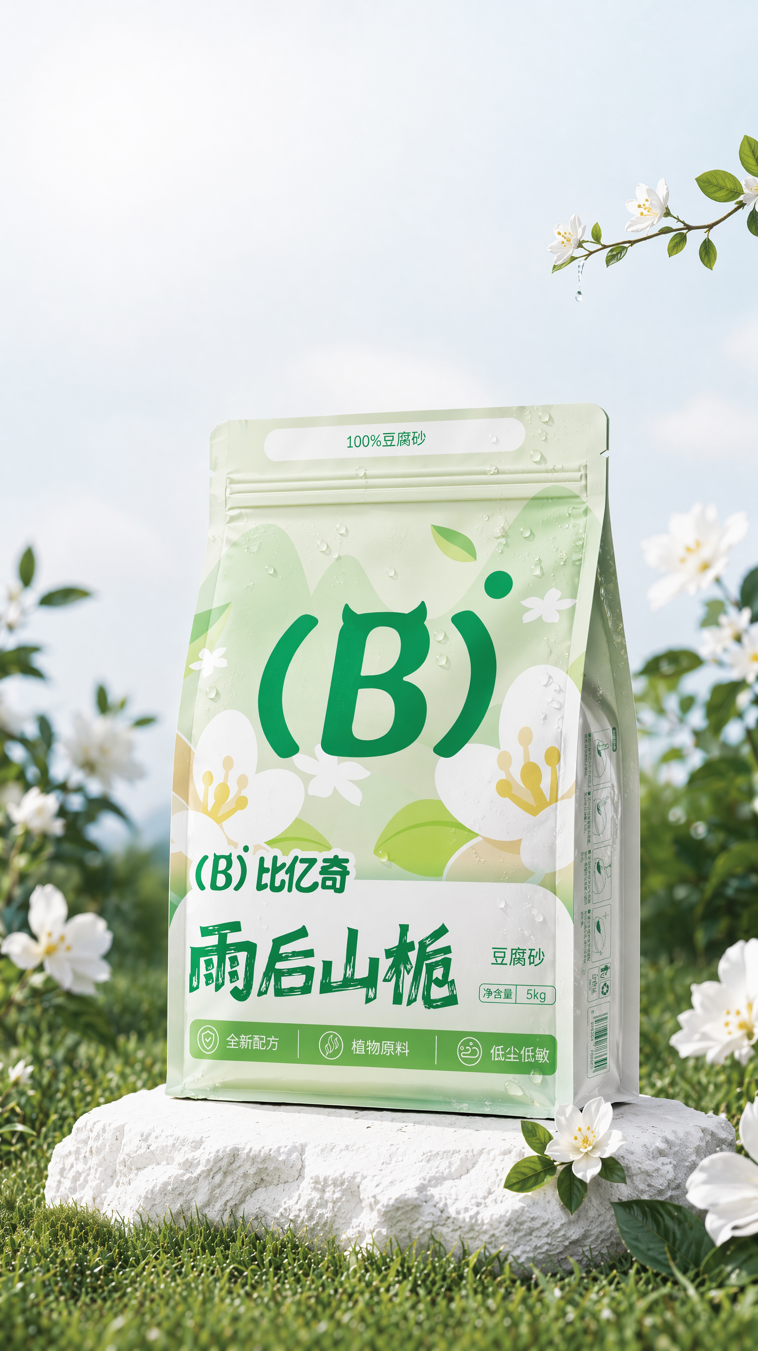 图1换成图2的包装,包装上的文字和图案清晰可见,加点点露水,露水不要太多,包装和场景对比拉开,后面的花草简化一点并且颜色加深一点和前面的包装色彩上拉开差距,形状不要改变,下面的石头变成白色石头,其余不变