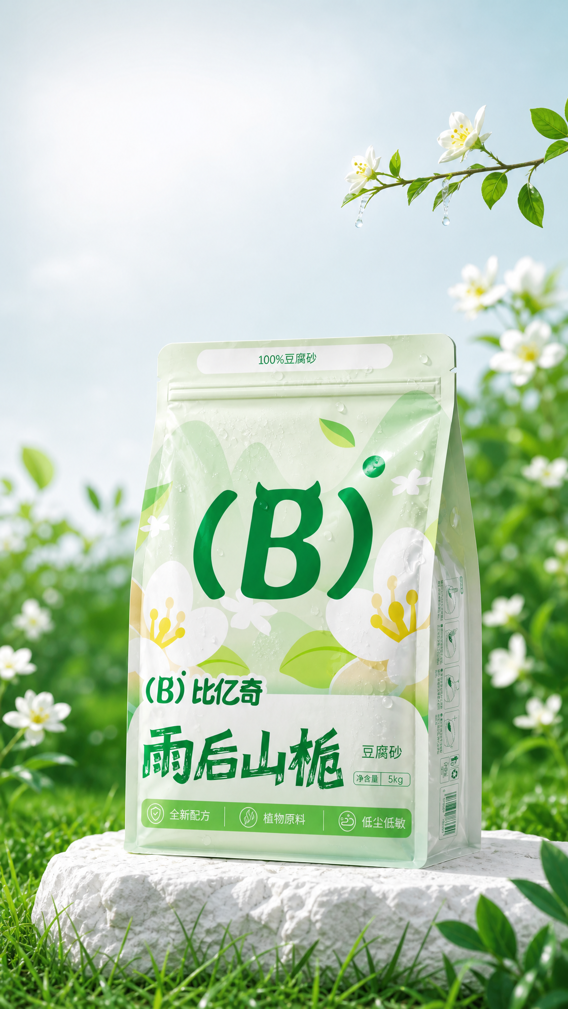 图1换成图2的包装并且饱和度和亮度对比图提高,包装上的文字和图案清晰可见,加点点露水,露水不要太多,包装和场景对比拉开,后面的花草简化简洁一点并且颜色 绿一点不要偏黄和前面的包装色彩上拉开差距,下面的草变真实一点,下面的石头变成白色石头,其余不变