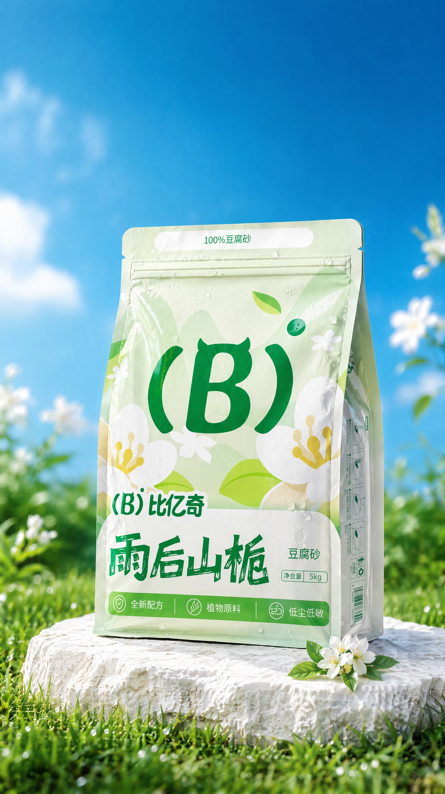 图1换成图2的包装并且饱和度和亮度对比图提高,包装上的文字和图案清晰可见,加点点露水,露水不要太多,包装和场景对比拉开,后面的花草减少一点,简化简洁一点并且颜色 绿一点不要偏黄和前面的包装色彩上拉开差距,天空色彩也是一样 跟包装颜色拉开对比差距,下面的草变真实一点,下面的石头变成白色石头,包装右下角的花变小,数量不变,其余不变