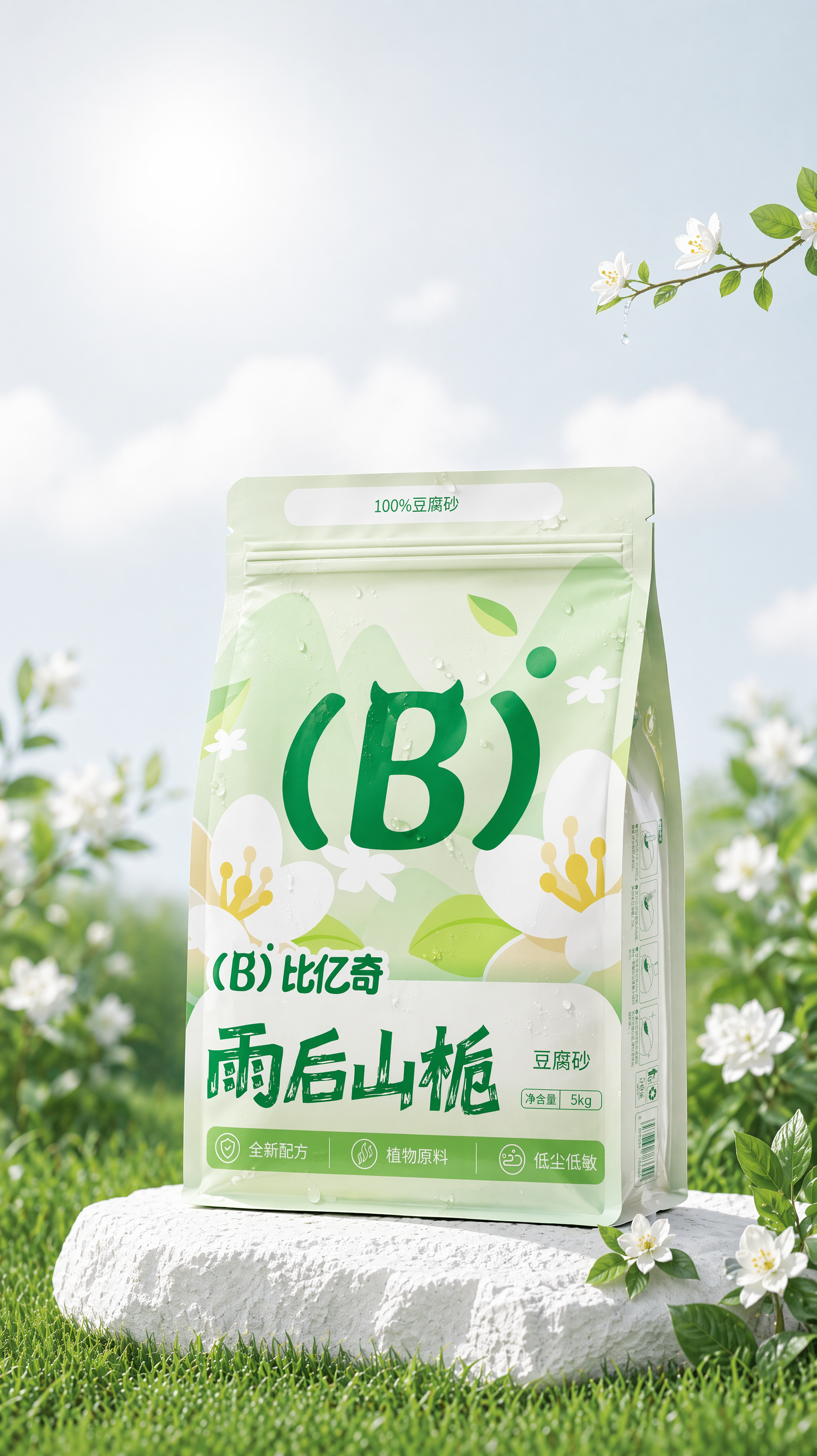 图1换成图2的包装并且饱和度和亮度对比图提高,包装上褶皱不要太多,包装上的文字和图案清晰可见,加点点露水,露水不要太多,包装和场景对比拉开,包装左右两侧后面的花草减少一点,并且颜色绿一点不要偏黄和前面的包装色彩上拉开差距,天空一样 跟包装颜色拉开对比差距但是保持浅色,下面的石头变成白色石头,包装右下角的花尺寸变小数量不变,其余不变。