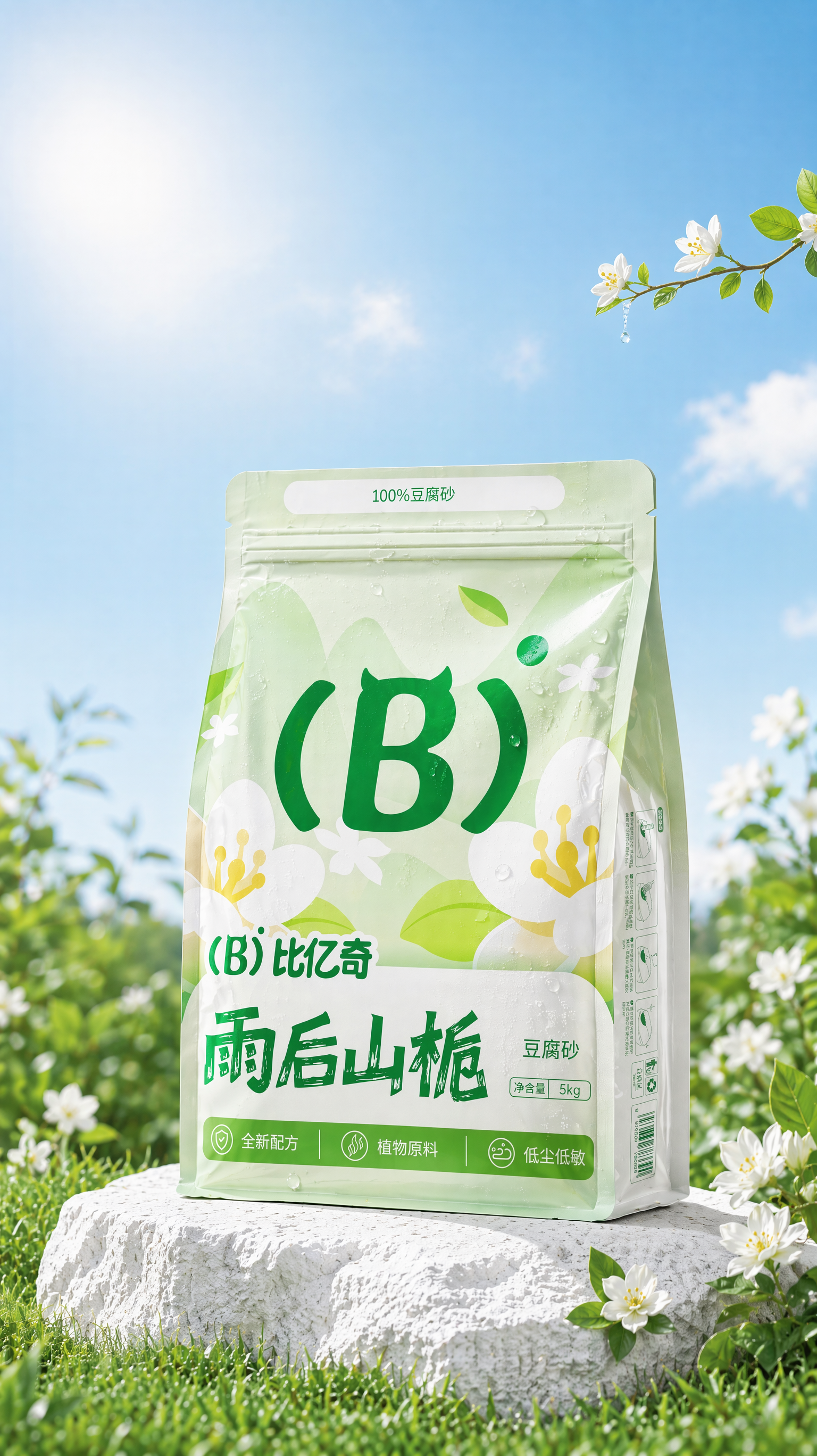 图1换成图2的包装并且饱和度和亮度对比图提高增强,包装上褶皱不要太多,包装底部不要偏黄,包装上的文字和图案清晰可见,加点点露水,露水不要太多,包装和场景对比拉开,包装左右两侧后面的花草减少一点,并且颜色绿一点不要偏黄和前面的包装色彩上拉开差距,天空颜色一样跟包装的颜色拉开对比差距,但是保持浅色云少点,下面的石头变成白色石头质感加强,包装右下角的花尺寸变小数量不变,其余不变。
