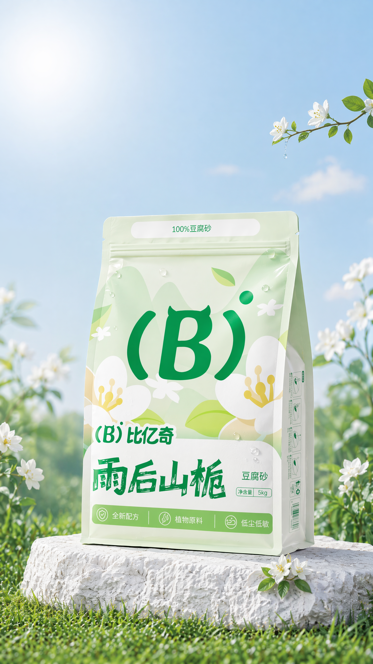 图1换成图2的包装并且饱和度和亮度对比图提高增强,包装上褶皱不要,包装底部不要偏黄,包装上的文字和图案清晰可见,加点点露水,露水不要太多,包装和场景对比拉开,包装左右两侧后面的花草减少一点稀疏一点,并且颜色绿一点不要偏黄和前面的包装色相上拉开差距,天空颜色保持浅色干净一点,跟包装的色相拉开对比差距,天空上的云少点,下面的石头变成白色石头质感加强,石头上的纹理改一下,包装右下角的花尺寸缩小一半,数量不变,画面整体构图不变。