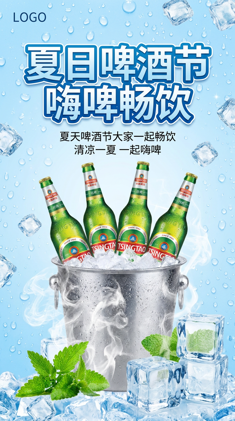 夏日啤酒节商业海报,清爽冰爽风格,浅蓝色渐变背景,布满晶莹水珠和散落冰块,画面中央是装满碎冰的银色金属冰桶,桶里插着四瓶带冷凝水珠的青岛啤酒瓶,啤酒瓶呈现的方式是插在桶里的,不要透视不对,角度不正确的画面,周围环绕着白色冷气烟雾效果,冰桶前方和四周是大块透明冰块,点缀新鲜薄荷叶装饰,顶部有清爽艺术字标题,整体画面清凉通透,色彩清新明亮,商业摄影质感,8K 超高清,细节丰富,冰爽氛围强烈,画面干净无多余杂物。