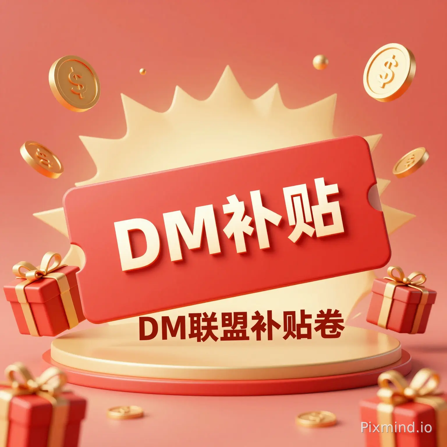 一张名为“DM联盟补贴卷”的数字代金券产品展示,礼品卡样机,红金配色,中心有“DM补贴”大字体,周围环绕漂浮的金币和3D礼盒,爆炸红包背景,电商促销风格,C4D渲染,影棚灯光,8k分辨率,有价值和紧迫感。