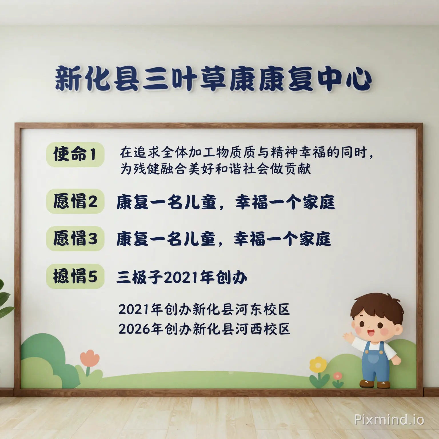 我是三叶草儿童康复中心宣传负责人,我需要制作一个有关企业文化建设的版面,我们的全名叫:新化县三叶草儿童康复中心,我们的使命是:在追求全体员工物质与精神幸福的同时,为残健融合美好和谐社会做贡献,我们的愿景是:康复一名儿童,幸福一个家庭,三叶草于2021年创办,现有三个校区,分别为2021年创办新化县河东校区、2023年创办双峰县校区、2026年创办新化县河西校区。