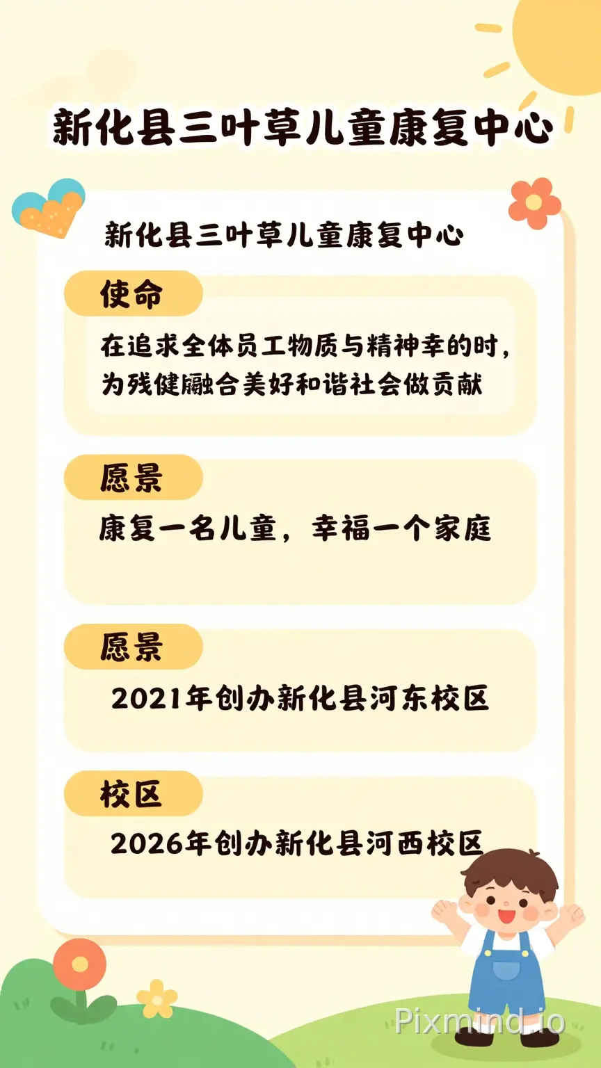我是三叶草儿童康复中心宣传负责人,我需要制作一个有关企业文化建设的版面,我们的全名叫:新化县三叶草儿童康复中心,我们的使命是:在追求全体员工物质与精神幸福的同时,为残健融合美好和谐社会做贡献,我们的愿景是:康复一名儿童,幸福一个家庭,三叶草于2021年创办,现有三个校区,分别为2021年创办新化县河东校区、2023年创办双峰县校区、2026年创办新化县河西校区。