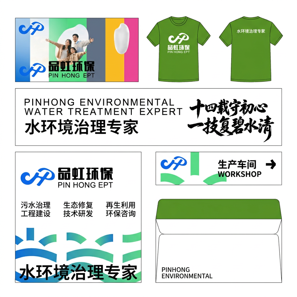 ,,将图一至图二文案 融入图一样机中 图一物料数量不变 ,图一为品牌logo 重新设计,参考图四的颜色,去除图三原有样机上的文案和颜色和纹样 重新生成品虹环保治水企业品牌延展物料 生成16:9的高清大图,背景不要文字,纯白背景