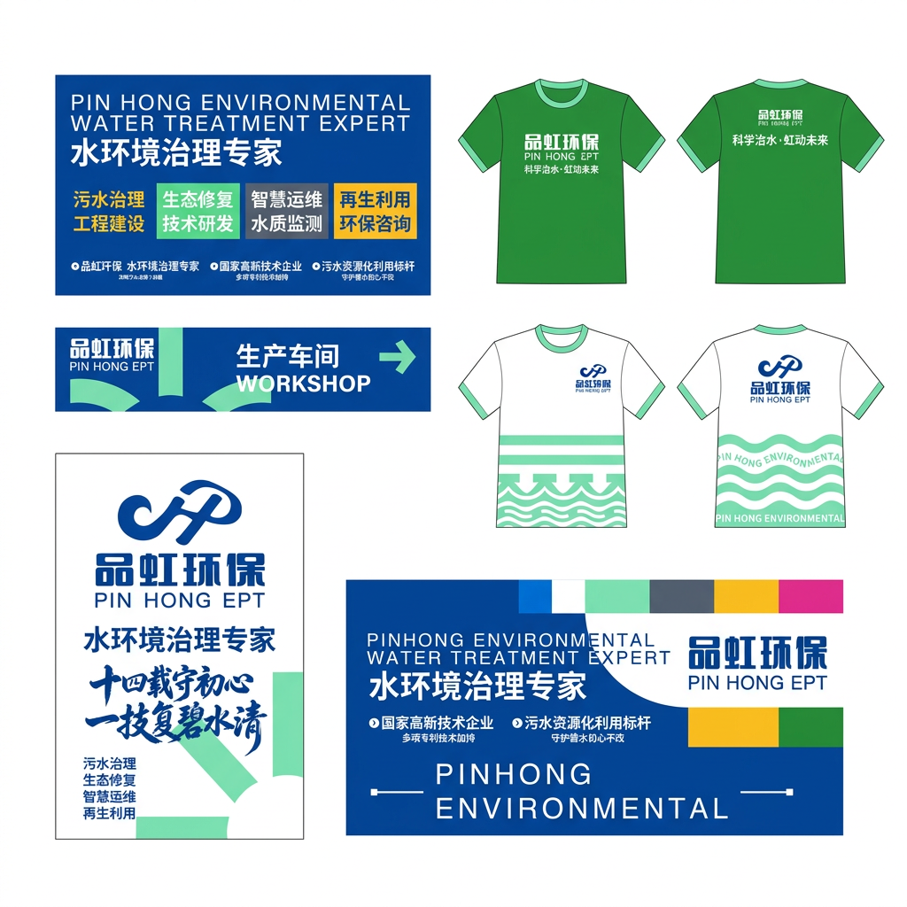 图一至图二文案 融入图一样机中,图一物料数量和尺寸大小位置都不变 只改内容,图一为品牌logo 替换到图三中,参考图四的颜色,去除图三原有样机上的文案和颜色和纹样 重新生成品虹环保治水企业品牌延展物料 生成16:9的高清大图,背景不要文字,纯白背景