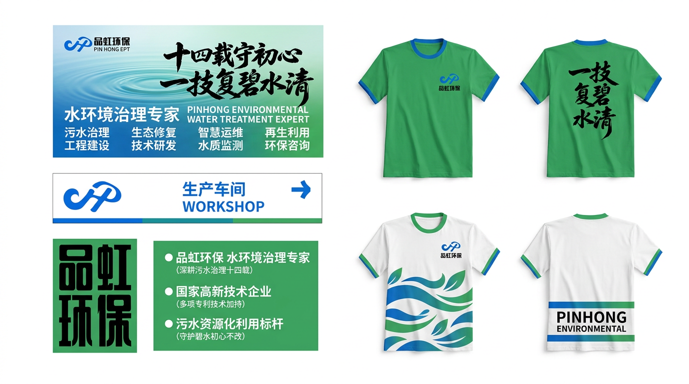图一至图二文案 融入图一样机中,图一物料数量和尺寸大小位置都不变 只改内容,图一为品牌logo 替换到图三中,参考图四的颜色,去除图三原有样机上的文案和颜色和纹样 重新生成品虹环保治水企业品牌延展物料 生成16:9的高清大图,背景不要文字,纯白背景