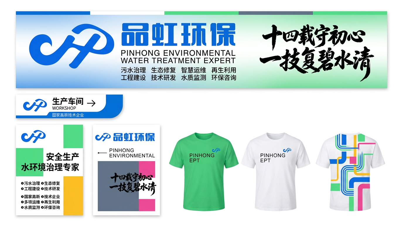 图一至图二文案 融入图一样机中,图一物料数量和尺寸大小位置都不变 只改内容,图一为品牌logo 替换到图三中,参考图四的颜色,去除图三原有样机上的文案和颜色和纹样 重新生成品虹环保治水企业品牌延展物料 生成16:9的高清大图,背景不要文字,纯白背景