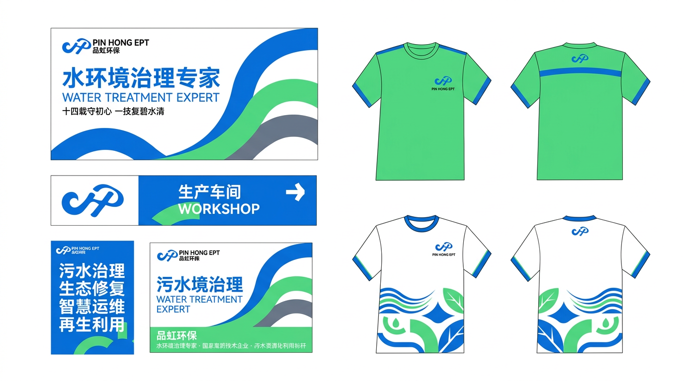 图一至图二文案 融入图一样机中,图一物料数量和尺寸大小位置都不变 只改内容,图一为品牌logo 替换到图三中,参考图四的颜色,去除图三原有样机上的文案和颜色和纹样 重新生成品虹环保治水企业品牌延展物料 生成16:9的高清大图,背景不要文字,纯白背景 文案不要要太多突出 高级感