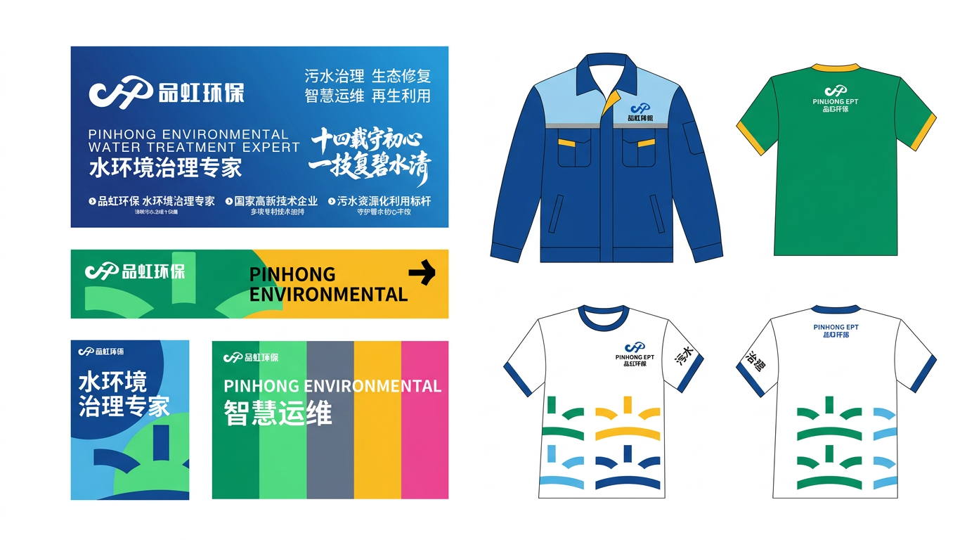 图一至图二文案 融入图一样机中,图一物料数量和尺寸大小位置都不变 只改内容,图一为品牌logo 替换到图三中,参考图四的颜色,去除图三原有样机上的文案和颜色和纹样 重新生成品虹环保治水企业品牌延展物料 生成16:9的高清大图,背景不要文字,纯白背景 文案不要要太多突出 高级感