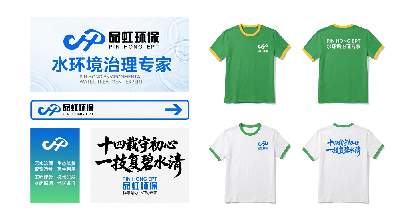 图一至图二文案 融入图一样机中,图一物料数量和尺寸大小位置都不变 只改内容,图一为品牌logo 替换到图三中,参考图四的颜色,去除图三原有样机上的文案和颜色和纹样 重新生成品虹环保治水企业品牌延展物料 生成16:9的高清大图,背景不要文字,纯白背景 文案不要要太多突出 高级感