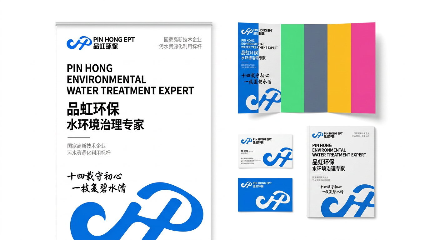 图一至图二文案 融入图一样机中,图一物料数量和尺寸大小位置都不变 只改内容,图一为品牌logo 替换到图三中,参考图四的颜色,去除图三原有样机上的文案和颜色和纹样 重新生成品虹环保治水企业品牌延展物料 生成16:9的高清大图,背景不要文字,纯白背景 文案不要要太多突出 高级感