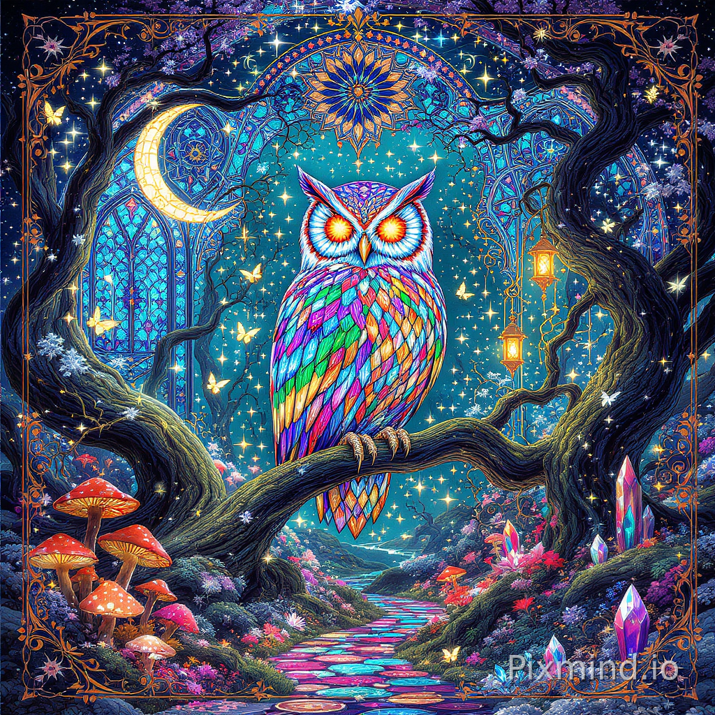 A highly detailed illustration designed for jigsaw puzzle composition, featuring a breathtaking stained glass fantasy forest centered around a majestic glowing owl in a rich Western commercial illustration style. The wide-angle composition presents an immersive enchanted woodland environment seamlessly layered with luminous stained glass textures, intricate decorative patterns, fantasy flora, and cinematic magical atmosphere. The central owl is perched upon an ancient twisted tree, its enormous radiant eyes and elegant feathers crafted entirely from colorful stained glass mosaics in sapphire blue, emerald green, amber gold, ruby red, and violet crystal tones. Surrounding the owl are glowing mushrooms, moonlit flowers, magical butterflies, curling celestial vines, floating fireflies, enchanted lanterns, sparkling forest mist, and richly detailed woodland pathways illuminated by soft silver moonlight. The background features enormous gothic stained glass windows, celestial moon symbols, glowing stars, decorative cathedral-inspired arches, crystal formations, fantasy ruins, floating particles, and layered forest depth designed to maximize visual richness and puzzle readability. Intricate environmental details such as floral mandalas, magical artifacts, glowing crystals, ancient statues, decorative borders, illuminated leaves, and luminous reflections are scattered throughout the composition to create a visually dense and immersive fantasy world. The composition uses balanced layered depth, seamless decorative transitions, hand-painted storybook textures, radiant cinematic lighting, ultra-detailed ornamental elements, authentic Western fantasy commercial illustration aesthetic, masterpiece composition, vibrant luminous colors, 8k resolution, perfect for a collectible high-quality jigsaw puzzle.