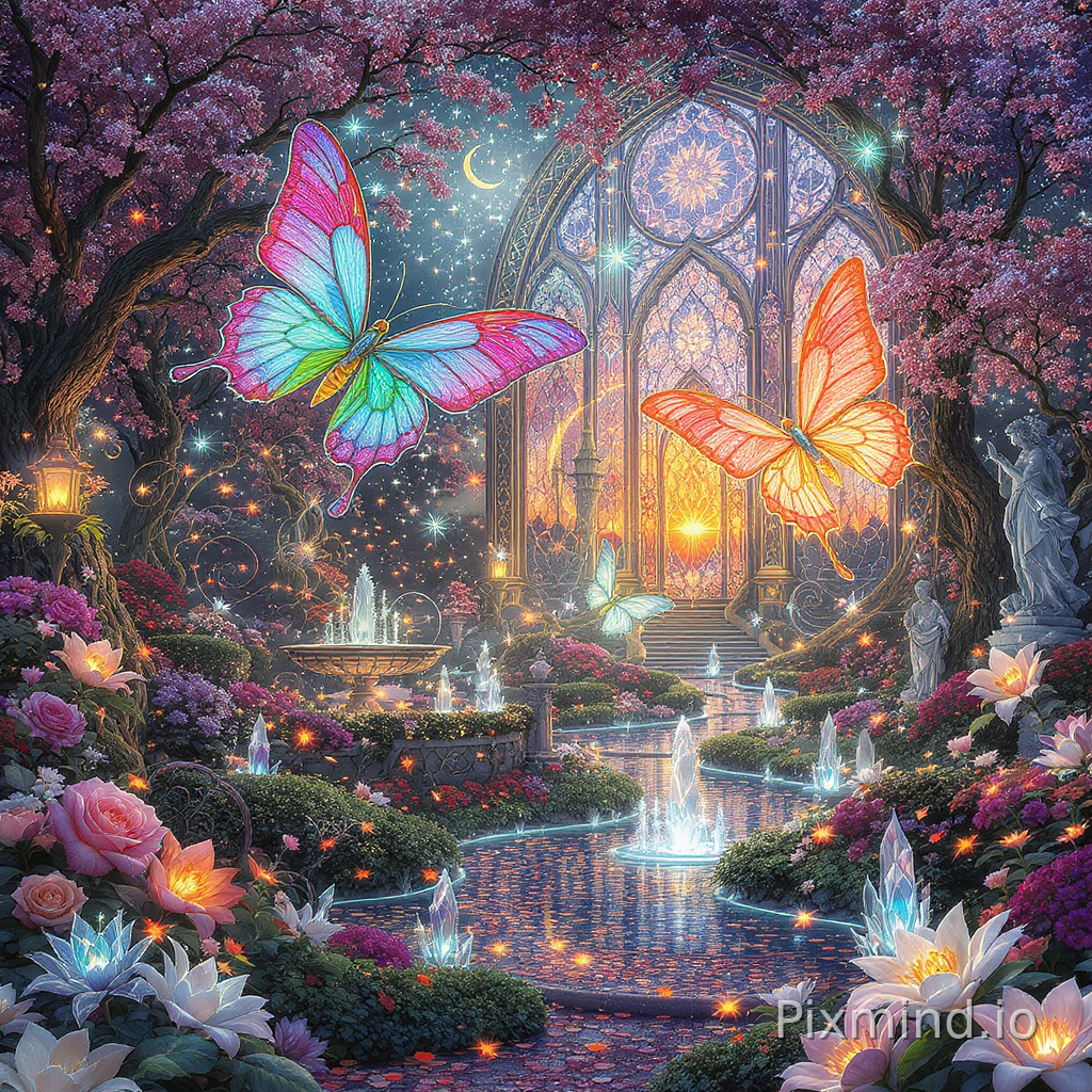 A highly detailed illustration designed for jigsaw puzzle composition, featuring a breathtaking stained glass fantasy butterfly garden in a rich Western commercial illustration style. The wide-angle composition showcases an immersive magical garden environment seamlessly filled with glowing stained glass butterflies, fantasy flowers, luminous decorative textures, celestial architecture, and richly layered storytelling details. Gigantic radiant butterflies with intricate rainbow-colored stained glass wings gracefully fly across the scene, their wings composed of elaborate mandala patterns and jewel-like crystal fragments in turquoise, magenta, gold, sapphire blue, emerald green, and violet tones. The enchanted garden is filled with blooming roses, fantasy lilies, curling vines, glowing lantern flowers, sparkling dew, floating petals, magical fountains, crystal pathways, fireflies, and richly layered vegetation illuminated by warm twilight lighting. The background transforms into an elegant stained glass fantasy sanctuary featuring enormous cathedral-inspired windows, celestial moon symbols, glowing stars, ornate arches, fantasy towers, decorative floral mosaics, shimmering water reflections, and radiant sunset beams filtering through the glass structures. Intricate environmental details such as magical artifacts, glowing crystals, floating particles, decorative borders, celestial symbols, layered pathways, luminous plants, fantasy statues, and illuminated glass reflections are scattered throughout the composition to maximize visual richness and puzzle readability. The composition uses balanced layered depth, seamless environmental transitions, hand-painted storybook textures, cinematic fantasy lighting, ultra-detailed ornamental elements, authentic Western fantasy commercial illustration aesthetic, masterpiece composition, vibrant luminous colors, 8k resolution, perfect for a collectible high-quality jigsaw puzzle.