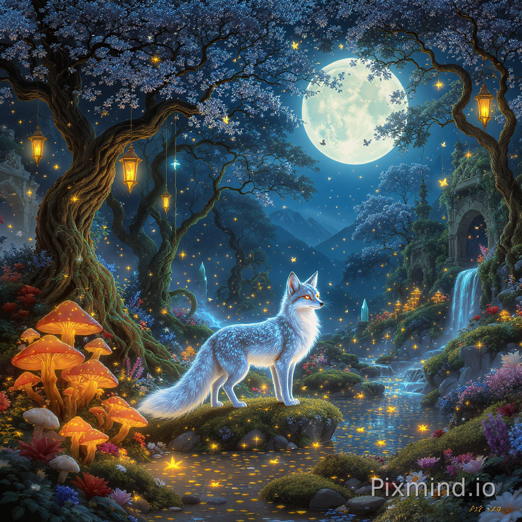 A highly detailed illustration designed for jigsaw puzzle composition, featuring a breathtaking enchanted moonlit forest centered around a mystical glowing fox in a rich Western commercial illustration style. The wide-angle composition showcases an immersive magical woodland environment seamlessly layered with luminous fantasy vegetation, atmospheric lighting, ancient ruins, and richly detailed storytelling elements. The central fox possesses elegant flowing fur illuminated with silver-blue moonlight, glowing markings, crystal-like tails, and radiant amber eyes, gracefully standing within a magical clearing surrounded by glowing mushrooms, enchanted flowers, curling vines, sparkling fireflies, floating magical particles, and luminous forest mist. Towering ancient trees with twisted roots and glowing leaves create a richly layered fantasy canopy filled with hanging lanterns, hidden woodland pathways, moss-covered stones, crystal formations, small woodland creatures, and shimmering streams reflecting celestial light. The background features ruined stone arches, forgotten fantasy temples, moonlit waterfalls, glowing caves, celestial symbols, floating butterflies, decorative forest shrines, and distant mountains beneath an enormous radiant full moon. Intricate environmental details such as magical artifacts, glowing crystals, ancient statues, ivy-covered ruins, illuminated flowers, decorative carvings, layered pathways, floating leaves, and sparkling reflections are scattered throughout the composition to maximize visual richness and puzzle readability. The composition uses balanced layered depth, seamless environmental transitions, hand-painted storybook textures, cinematic fantasy lighting, ultra-detailed decorative elements, authentic Western fantasy commercial illustration aesthetic, masterpiece composition, vibrant luminous colors, 8k resolution, perfect for a collectible high-quality jigsaw puzzle.