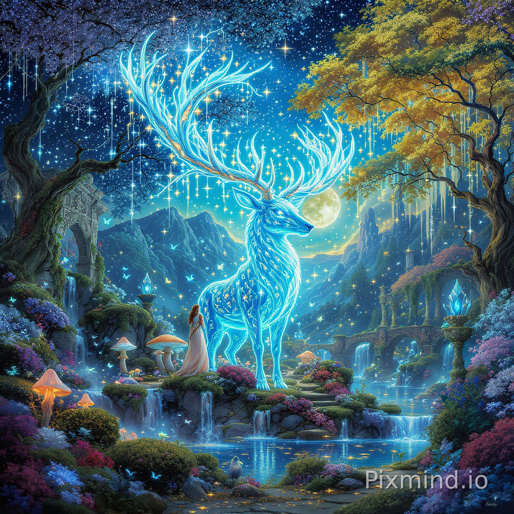 A highly detailed illustration designed for jigsaw puzzle composition, featuring a breathtaking enchanted forest sanctuary centered around a majestic magical deer beneath a celestial night sky in a rich Western commercial illustration style. The wide-angle composition presents a richly layered fantasy wilderness filled with glowing plants, ancient trees, celestial lighting, fantasy architecture, and immersive storytelling details. The central deer possesses enormous glowing crystal antlers covered with luminous flowers, hanging vines, sparkling stars, and magical runes, while its elegant body radiates soft blue, emerald, and golden light that illuminates the surrounding forest. The enchanted environment is filled with glowing mushrooms, moonlit flower meadows, magical waterfalls, crystal-clear rivers, floating butterflies, woodland spirits, moss-covered ruins, hidden stone pathways, and radiant forest mist drifting through the ancient trees. The background evolves into a breathtaking celestial sanctuary featuring floating lights, ancient forest temples, towering stone arches, glowing lakes, fantasy bridges, giant moonlit trees, decorative carvings, distant mountains, and an enormous star-filled sky illuminated with soft cosmic blue and silver lighting. Intricate environmental details such as magical artifacts, glowing crystals, celestial symbols, layered pathways, fantasy lanterns, decorative statues, floating particles, luminous plants, enchanted wildlife, and shimmering reflections are scattered throughout the composition to maximize visual richness and puzzle readability. The composition uses balanced layered depth, seamless fantasy transitions, hand-painted storybook textures, cinematic magical lighting, ultra-detailed ornamental elements, authentic Western fantasy commercial illustration aesthetic, masterpiece composition, vibrant luminous colors, 8k resolution, perfect for a collectible high-quality jigsaw puzzle.