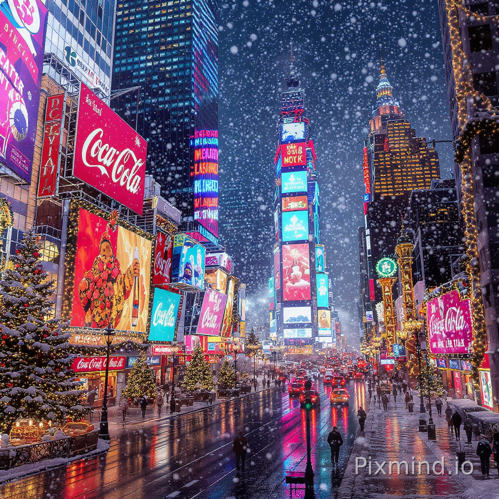 A highly detailed illustration designed for jigsaw puzzle composition, featuring a breathtaking New York Times Square Christmas night scene in a rich Western commercial illustration style. The wide-angle composition showcases an immersive urban holiday environment seamlessly layered with glowing neon lights, festive decorations, bustling city life, and richly detailed storytelling elements. The center of the scene features the iconic Times Square illuminated with enormous digital billboards, glowing advertisements, towering skyscrapers, flashing marquees, giant holiday displays, and dazzling reflections shimmering across rain-soaked streets. The festive atmosphere is filled with decorated Christmas trees, sparkling garlands, glowing street lamps, steaming food carts, yellow taxis, holiday shoppers in winter clothing, bustling crowds, snow-covered sidewalks, and falling snowflakes illuminated by warm cinematic lighting. Surrounding the streets are richly detailed storefronts, Broadway theater entrances, rooftop decorations, illuminated windows, hanging banners, glowing café terraces, subway entrances, traffic lights, and countless layered city details designed to maximize visual richness and puzzle readability. The background evolves into a dramatic Manhattan skyline filled with glowing skyscrapers, distant bridges, giant LED screens, decorative rooftop lights, drifting snow mist, and vibrant blue-red-gold holiday lighting reflecting throughout the city. Intricate environmental details such as street signs, newspaper stands, lanterns, reflections, holiday ornaments, moving traffic, glowing particles, architectural textures, layered pathways, and atmospheric steam are scattered throughout the composition to create a visually dense and immersive metropolitan fantasy atmosphere. The composition uses balanced layered depth, seamless environmental transitions, cinematic urban lighting, ultra-detailed decorative elements, authentic Western commercial illustration aesthetic, masterpiece composition, vibrant holiday colors, 8k resolution, perfect for a collectible high-quality jigsaw puzzle.