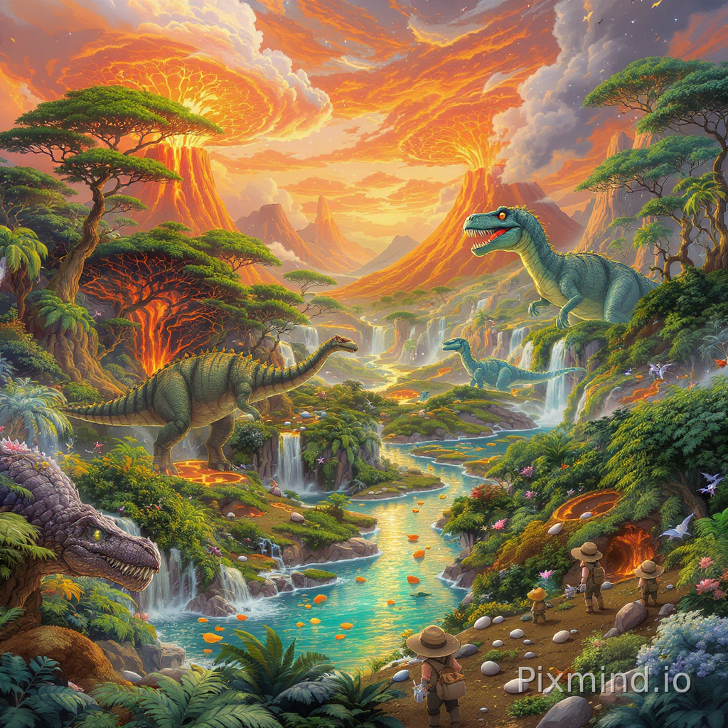 A highly detailed illustration designed for a premium children’s floor puzzle composition, featuring a breathtaking dinosaur discovery valley in a vibrant Western storybook illustration style. The ultra-wide-angle scene showcases gigantic friendly dinosaurs roaming through a lush prehistoric landscape filled with erupting volcanoes, tropical jungles, waterfalls, glowing lava rivers, giant ferns, dinosaur nests, fossil excavation sites, and adventurous child explorers wearing safari hats. The composition is richly layered with colorful vegetation, dramatic clouds, hidden dinosaur eggs, playful baby dinosaurs, sparkling water reflections, and cinematic sunlight beams, creating an immersive educational adventure atmosphere with bright saturated colors, soft cartoon realism, and highly engaging storytelling details perfect for children’s puzzle design.