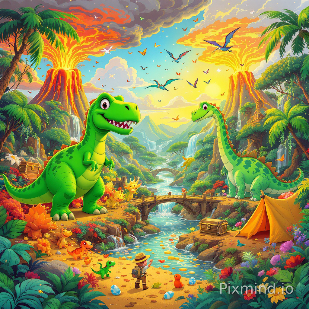 A highly detailed cartoon-style illustration designed for a premium children’s floor puzzle composition, featuring a cheerful dinosaur discovery valley in a colorful Western animated storybook style. The ultra-wide panoramic scene showcases friendly smiling dinosaurs including a giant green Tyrannosaurus rex, playful triceratops family, long-neck brachiosaurus, baby dinosaurs hatching from eggs, and flying pterosaurs soaring above the valley. The environment is filled with erupting cartoon volcanoes with glowing orange lava, crystal waterfalls, oversized tropical leaves, bright flowers, jungle vines, fossil digging camps, wooden bridges, bubbling rivers, hidden dinosaur footprints, explorer tents, safari jeeps, treasure chests, and adventurous child explorers wearing explorer hats and backpacks. The composition contains countless interactive details such as hidden dinosaur eggs, tiny lizards, butterflies, birds, glowing fireflies, and smiling jungle animals scattered throughout the landscape. Bright sunlight beams, soft clouds, highly saturated colors, rounded cartoon shapes, rich environmental layering, and immersive storytelling details create a lively educational adventure atmosphere with a warm family-friendly feeling, no AI artifacts, a perfect choice for children’s puzzles.