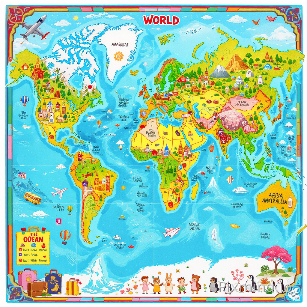A highly detailed cartoon-style illustration designed for a premium children’s floor puzzle composition, featuring a giant colorful world map in a playful educational storybook style. Each continent is filled with iconic landmarks, adorable animals, smiling children, famous buildings, airplanes, hot air balloons, cruise ships, mountains, forests, deserts, and oceans. North America features bald eagles, yellow school buses, and the Statue of Liberty, South America includes rainforests and llamas, Europe showcases castles and windmills, Africa contains elephants, lions, and pyramids, while Asia includes pandas, temples, and cherry blossoms. Australia features kangaroos and coral reefs while Antarctica contains penguins and icebergs. Tiny illustrated details such as suitcases, passports, travel stamps, clouds, and colorful pathways create endless exploration opportunities. The composition uses bright rainbow continent colors, rounded cartoon shapes, decorative borders, and engaging educational storytelling details, no AI artifacts, a perfect choice for children’s puzzles.