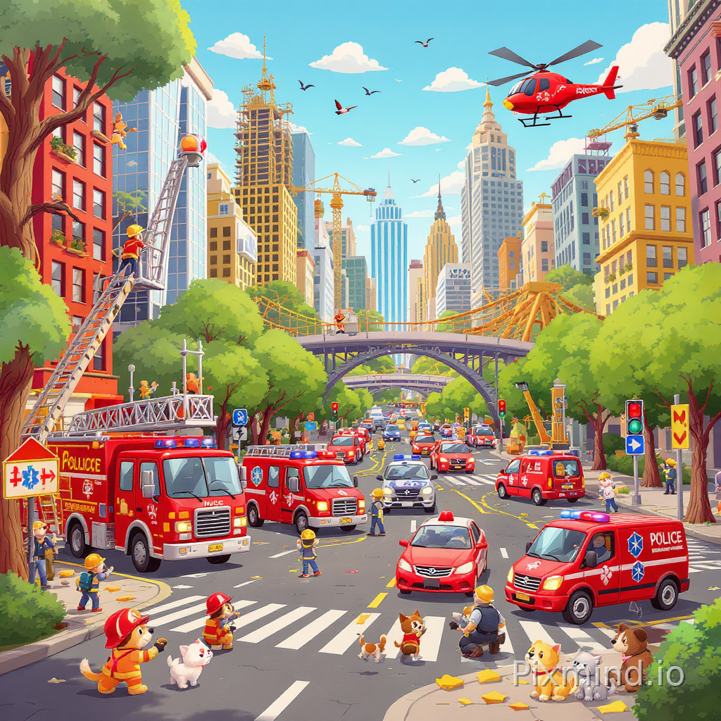 A highly detailed cartoon-style illustration designed for a premium children’s floor puzzle composition, featuring an exciting big city rescue team in a lively animated cartoon style. The bustling urban environment is packed with bright red fire trucks, police cars, ambulances, rescue helicopters, firefighters climbing ladders, police officers directing traffic, paramedics helping citizens, and rescue dogs searching for missing kittens. Tall skyscrapers, busy intersections, city parks, bridges, construction zones, and glowing traffic lights fill the colorful cityscape. Tiny storytelling moments include firefighters rescuing cats from trees, children waving from apartment windows, pigeons flying overhead, and hidden emergency symbols throughout the scene. Dynamic movement, flashing lights, vivid city colors, layered buildings, and immersive rescue action create an energetic heroic atmosphere, no AI artifacts, a perfect choice for children’s puzzles.