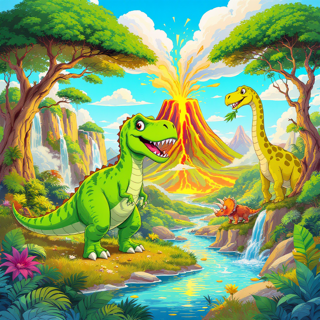 A highly detailed cartoon-style illustration designed for a premium children’s floor puzzle composition, featuring a cheerful dinosaur valley in a colorful Western storybook illustration style. In the center of the scene stands a giant friendly green Tyrannosaurus rex smiling beside a river, while a triceratops family walks through grassy fields and a tall brachiosaurus reaches up to eat leaves from oversized jungle trees. In the background, a volcano gently erupts with glowing orange lava beneath a bright blue sky filled with soft white clouds. Waterfalls flow down rocky cliffs into clear rivers surrounded by tropical plants and large ferns. The composition uses bright green, orange, and blue colors with soft cartoon textures and clear scene layering, creating a fun prehistoric adventure atmosphere, no AI artifacts, a perfect choice for children’s puzzles.