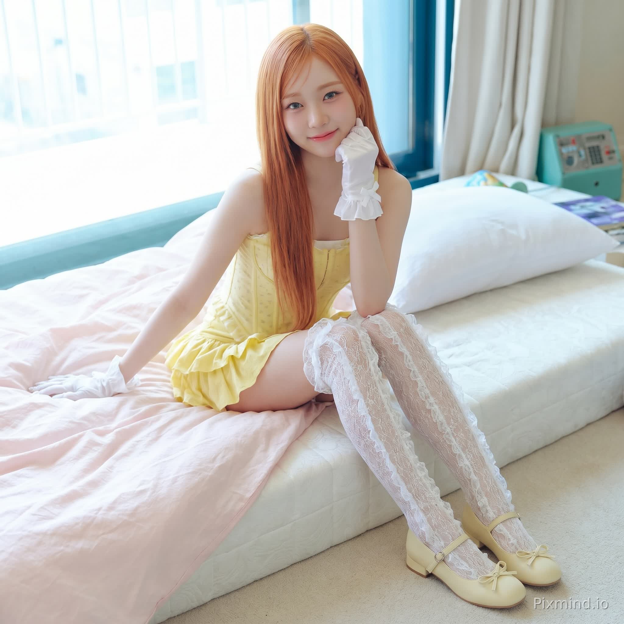 ai kpop girl with ginger straight long hair wearing a cute yellow corset with white gloves and a yellow ruffle skirt with long white lace ruffle stockings with cute light yellow marry Jane shoes doing a cute pose