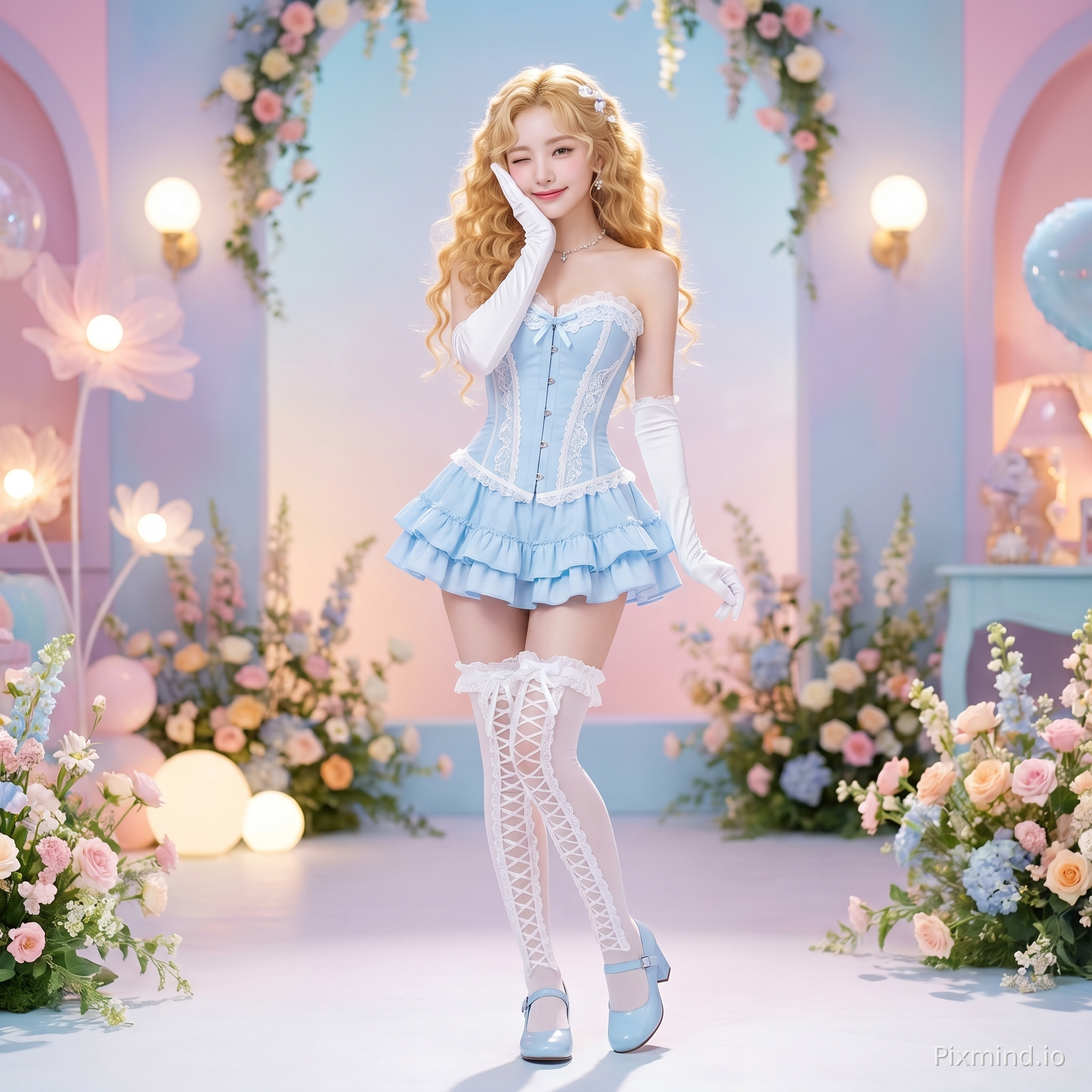 ai kpop girl with golden blonde curls long hair wearing a cute light blue corset with white gloves and a light blue ruffle skirt with long white laced ruffle stockings with cute light blue marry Jane shoes doing a cute pose