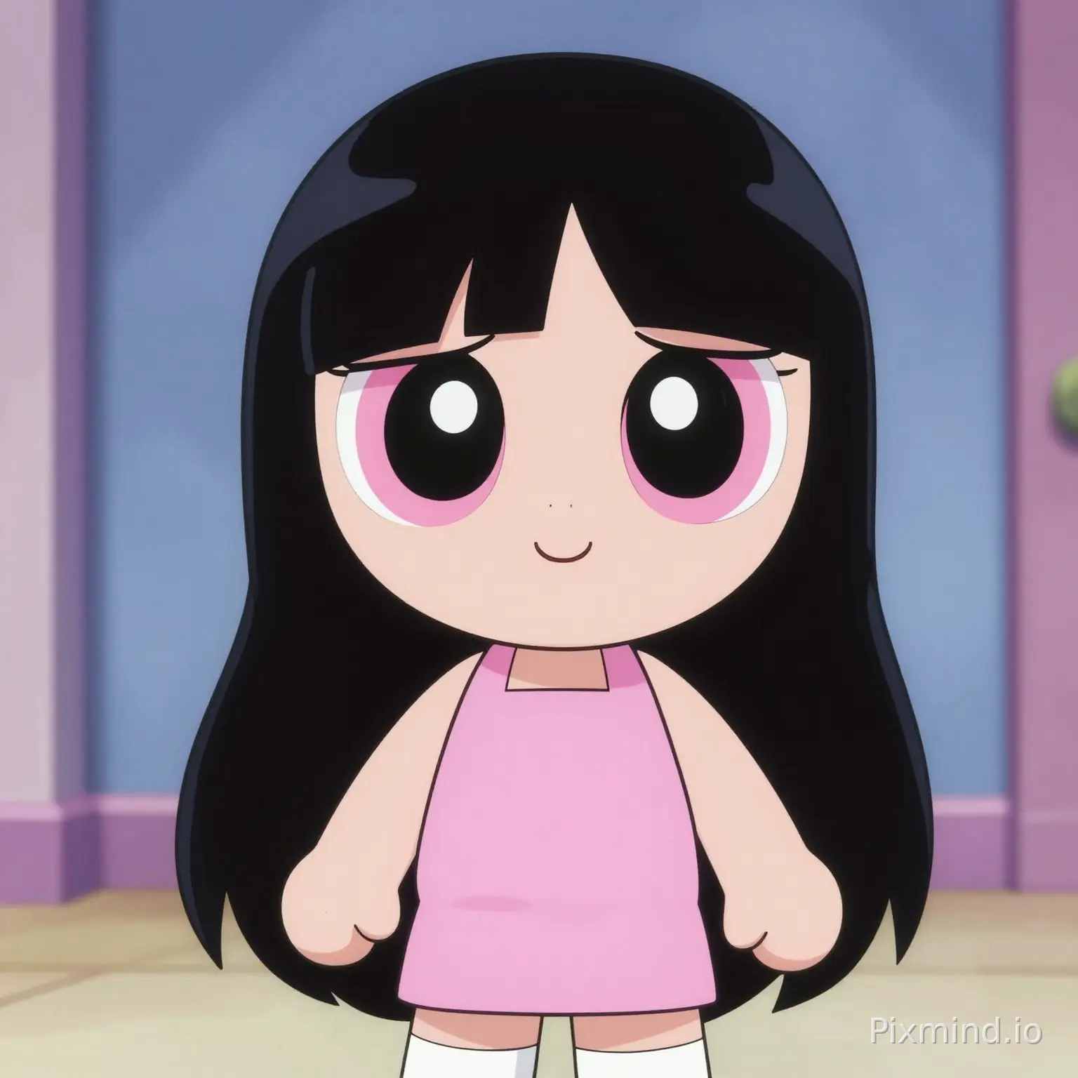 generate an image of a powerpuff girl with long black straight hair with light pink eyes wearing a light pink outfit