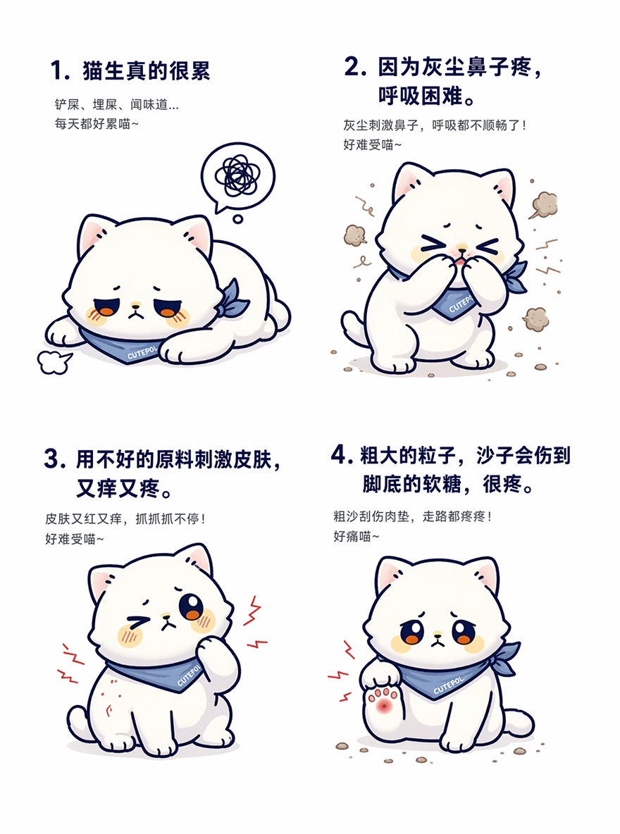 帮我根据参考图的猫咪形象进行延伸,生成线条猫咪插画,分别展示1.猫生真的很累
2.因为灰尘鼻子疼,呼吸困难。
3.用不好的原料刺激皮肤,又痒又疼。
4.粗大的粒子,沙子会伤到脚底的软糖,很疼。
5.因为味道太重了,所以讨厌去卫生间了。
6.沙子粘在身上,舔猫的时候很不方便。的猫咪行为,整体风格活泼治愈、纯白色背景、信息层级分明,符合韩式宠物设计。生成4张