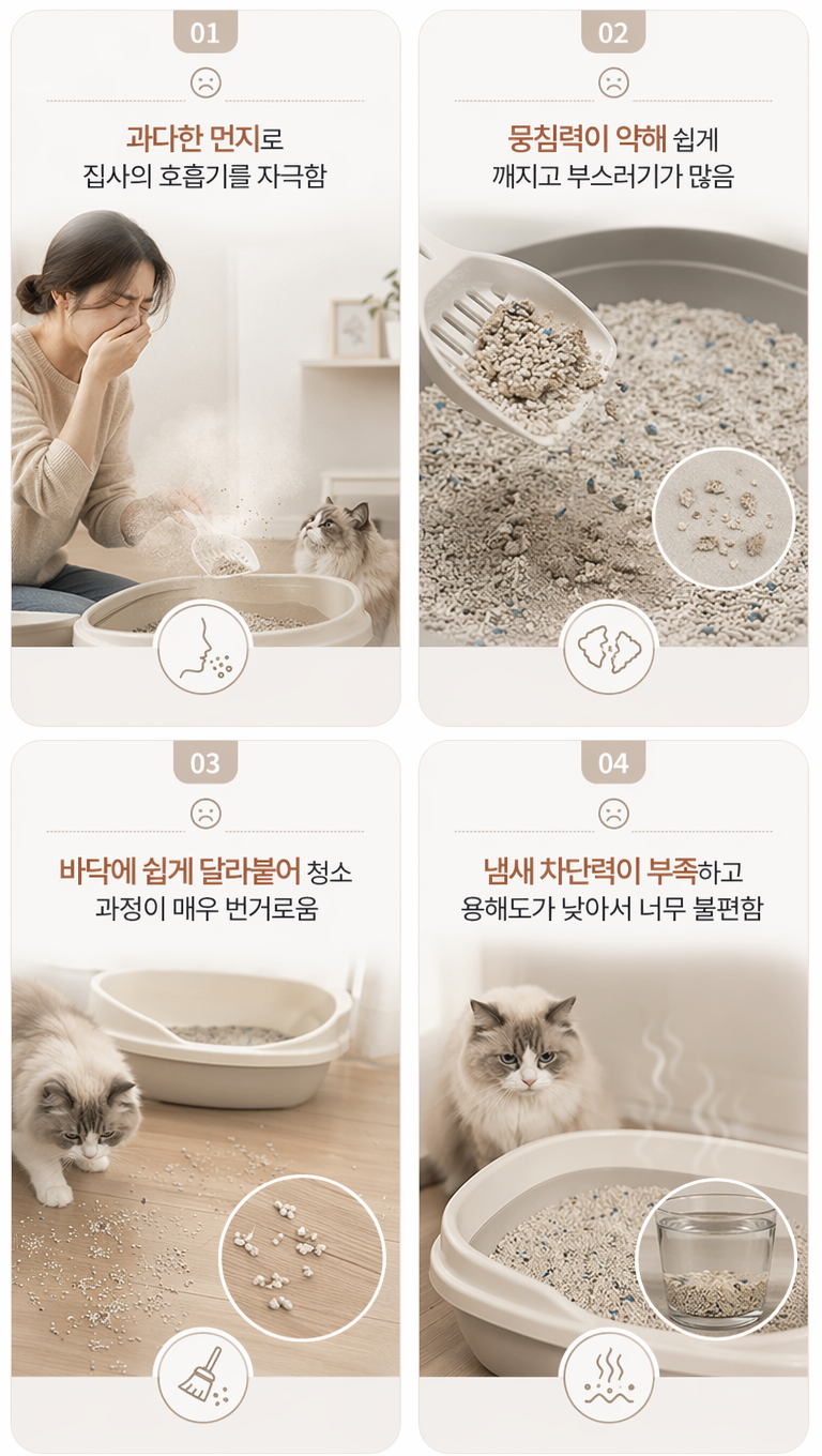 帮我生成图片:根据上述风格,对这猫砂产品韩国痛点引入(铲屎官角度)页面做一些设计调整,使其更符合韩国细节页面的风格,生成4张,文案:1.과다한 먼지로
집사의 호흡기를 자극함
2.뭉침력이 약해 쉽게
깨지고 부스러기가 많음
3.바닥에 쉽게 달라붙어 청소
과정이 매우 번거로움
4.냄새 차단력이 부족하고
용해도가 낮아서 너무 불편함