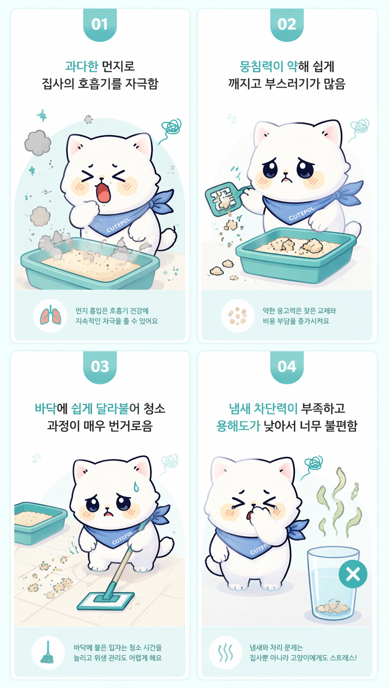 根据上述风格,对这猫砂产品韩国痛点引入(铲屎官角度)页面做一些设计调整,使其更符合韩国细节页面的风格,生成4张,文案:1.과다한 먼지로
집사의 호흡기를 자극함
2.뭉침력이 약해 쉽게
깨지고 부스러기가 많음
3.바닥에 쉽게 달라붙어 청소
과정이 매우 번거로움
4.냄새 차단력이 부족하고
용해도가 낮아서 너무 불편함
