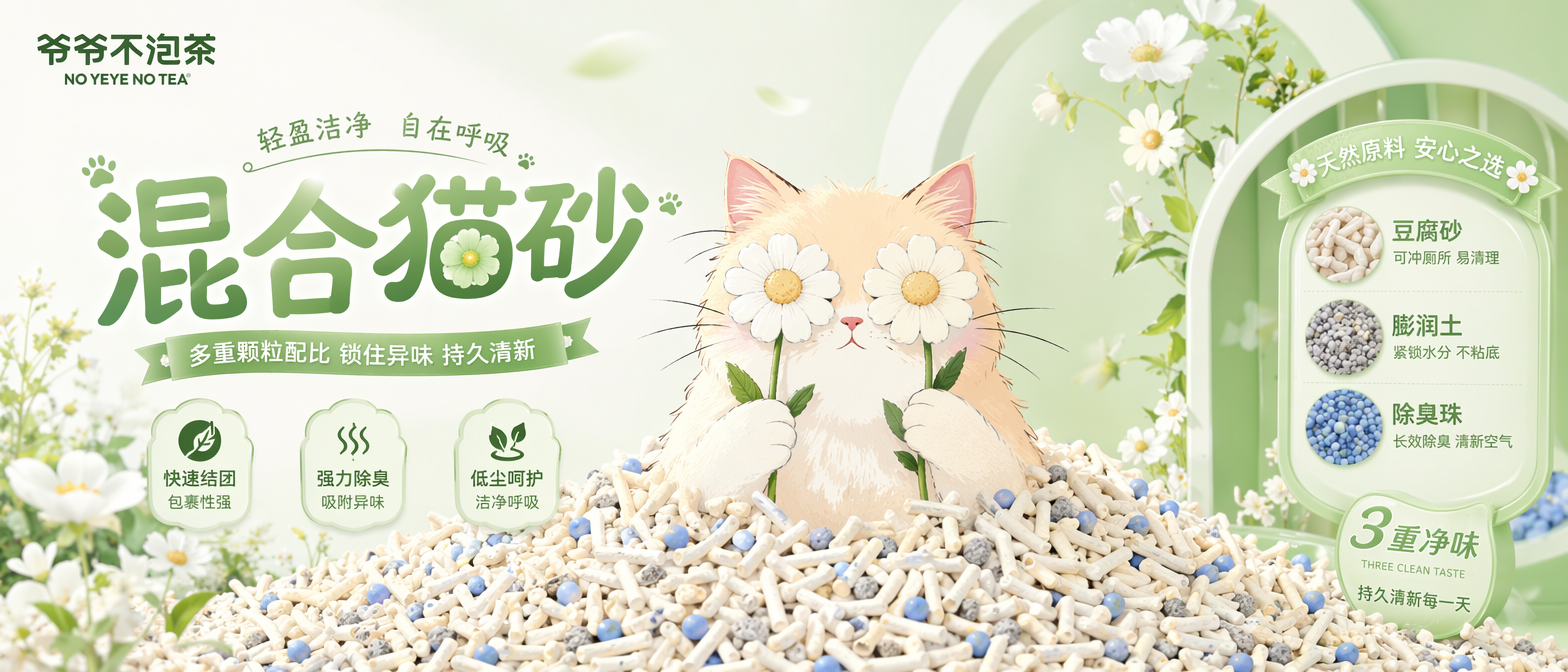 做直播间背景KT板设计,使用图一的猫咪IP元素,使用图二的场景,图一的猫咪IP蹲在混合猫砂上,混合猫砂由多元颗粒构成:主体是奶白色长条状豆腐砂,颗粒纹理细腻、形态规整,交错堆叠呈现蓬松质感;均匀混有浅灰色细碎膨润土颗粒与亮蓝色圆形除臭珠,不同颗粒大小、质感对比鲜明,并且猫咪IP的动作姿态搞怪类似图三拿两朵花挡住眼睛,整体色系为白绿色,奶白色。图四为设计风格参考。