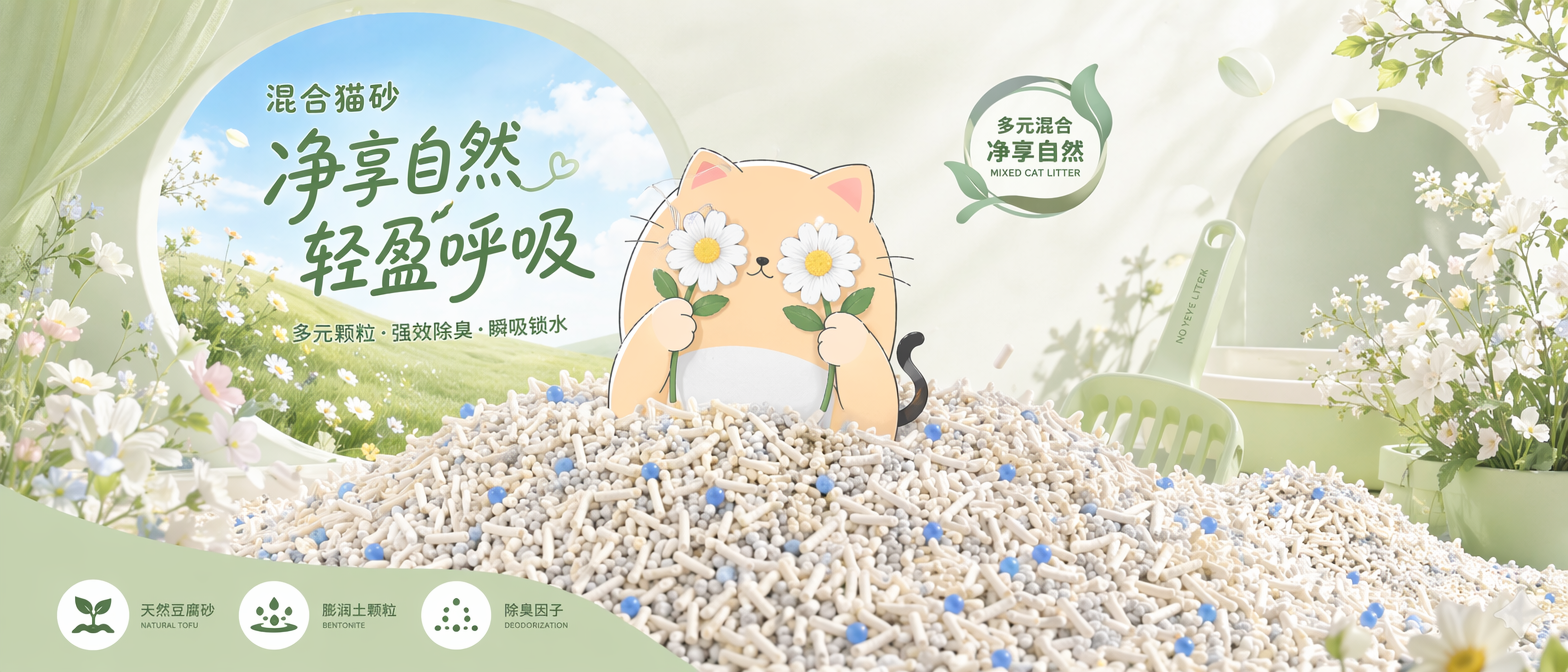 做直播间背景KT板设计,使用图一的猫咪IP元素,使用图二的场景,图一的猫咪IP蹲在混合猫砂上,混合猫砂由多元颗粒构成:主体是奶白色长条状豆腐砂,颗粒纹理细腻、形态规整,交错堆叠呈现蓬松质感;均匀混有浅灰色细碎膨润土颗粒与亮蓝色圆形除臭珠,不同颗粒大小、质感对比鲜明,并且猫咪IP的动作姿态搞怪类似图三拿两朵花挡住眼睛,整体色系为白绿色,奶白色。图四为设计风格参考。