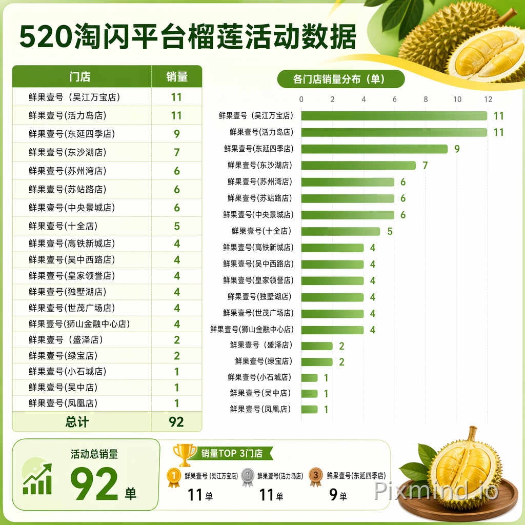 520淘闪平台榴莲活动数据
门店 销量
鲜果壹号(吴江万宝店) 11
鲜果壹号(活力岛店) 11
鲜果壹号(东延四季店) 9
鲜果壹号(东沙湖店) 7
鲜果壹号(苏州湾店) 6
鲜果壹号(苏站路店) 6
鲜果壹号(中央景城店) 6
鲜果壹号(十全店) 5
鲜果壹号(高铁新城店) 4
鲜果壹号(吴中西路店) 4
鲜果壹号(皇家领誉店) 4
鲜果壹号(独墅湖店) 4
鲜果壹号(世茂广场店) 4
鲜果壹号(狮山金融中心店) 4
鲜果壹号(盛泽店) 2
鲜果壹号(绿宝店) 2
鲜果壹号(小石城店) 1
鲜果壹号(吴中店) 1
鲜果壹号(凤凰店) 1
总计 92