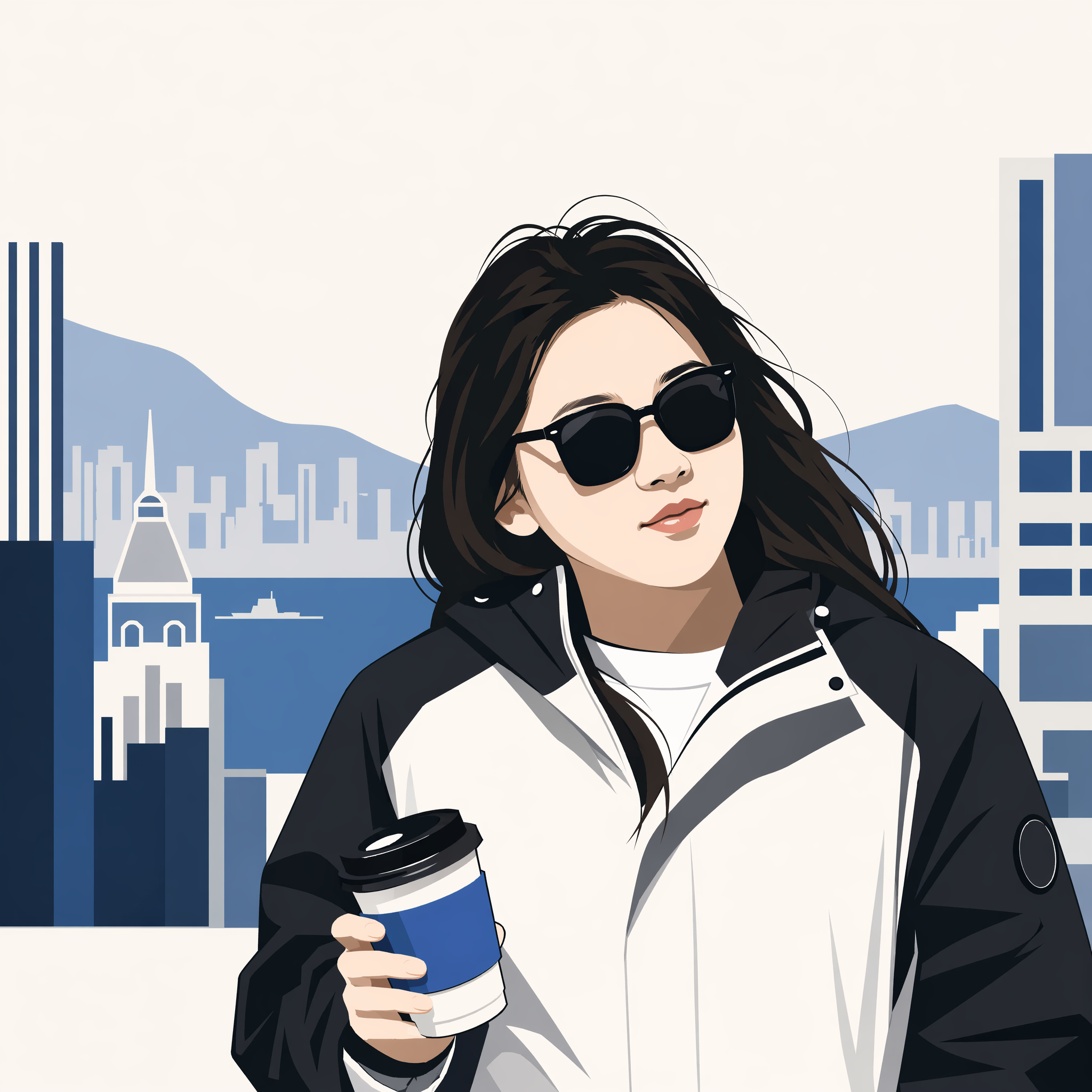 vector style cartoon IP avatar, minimalist and high-end, bust shot,
cool young woman in black and white jacket, sunglasses, holding a coffee cup,
geometric flat design, bold outlines, limited color palette (black, white, blue, gray),
abstract city + sea background elements, negative space, luxury branding aesthetic, clean and sharp, suitable for profile picture,
high recognition, modern street fashion vibe, no extra details, professional illustration