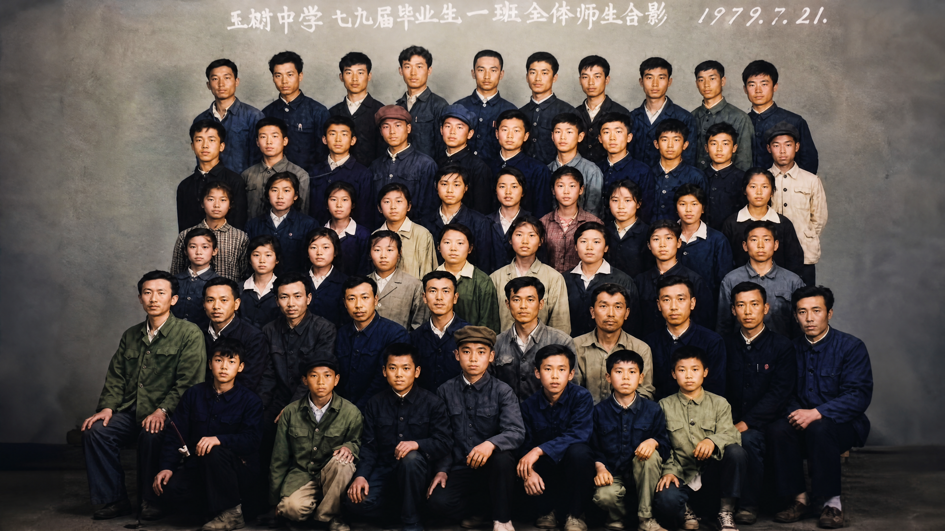 8K超高清,写实摄影,修复1979年黑白老毕业照,50多位师生集体合影,还原真实肤色与服装色彩,70年代中山装、学生装细节清晰,柔和自然光,电影级质感,胶片色调,颗粒细腻,人物表情生动,背景干净的照相馆墙面,无瑕疵修复,高细节,色彩自然过渡,时代怀旧氛围