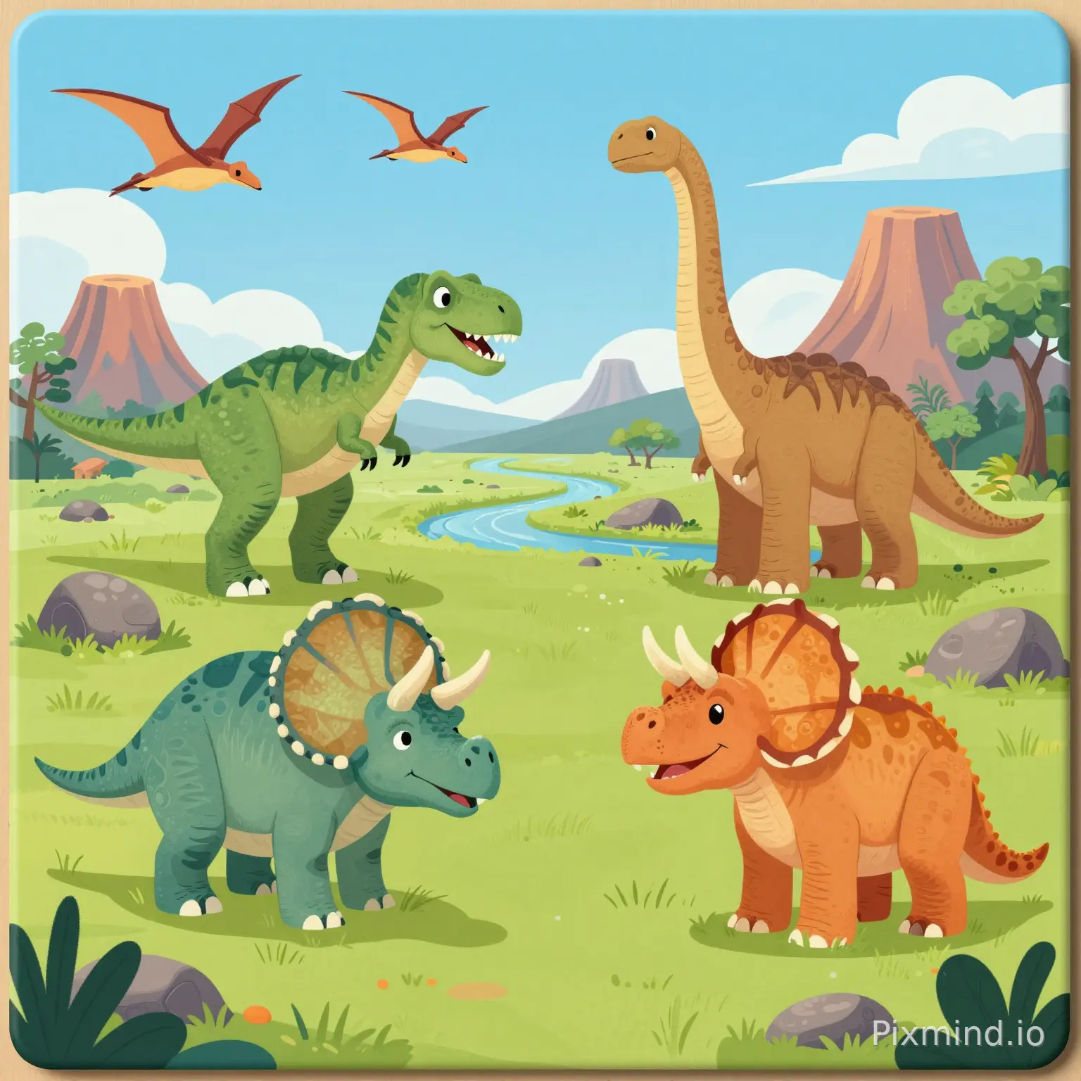 A highly detailed cartoon-style illustration designed for a premium children’s floor puzzle composition, featuring an educational dinosaur valley in a bright Western storybook illustration style. The scene shows several well-known dinosaurs clearly displayed across an open prehistoric landscape, including a Tyrannosaurus rex, triceratops, brachiosaurus, and pterosaurs flying in the sky. The environment contains simple volcanoes, rivers, rocks, grasslands, and tropical trees beneath a bright blue sky. Each dinosaur is large, colorful, and easy to recognize with friendly cartoon expressions and clean composition focused on learning and exploration, no AI artifacts, a perfect choice for children’s puzzles.