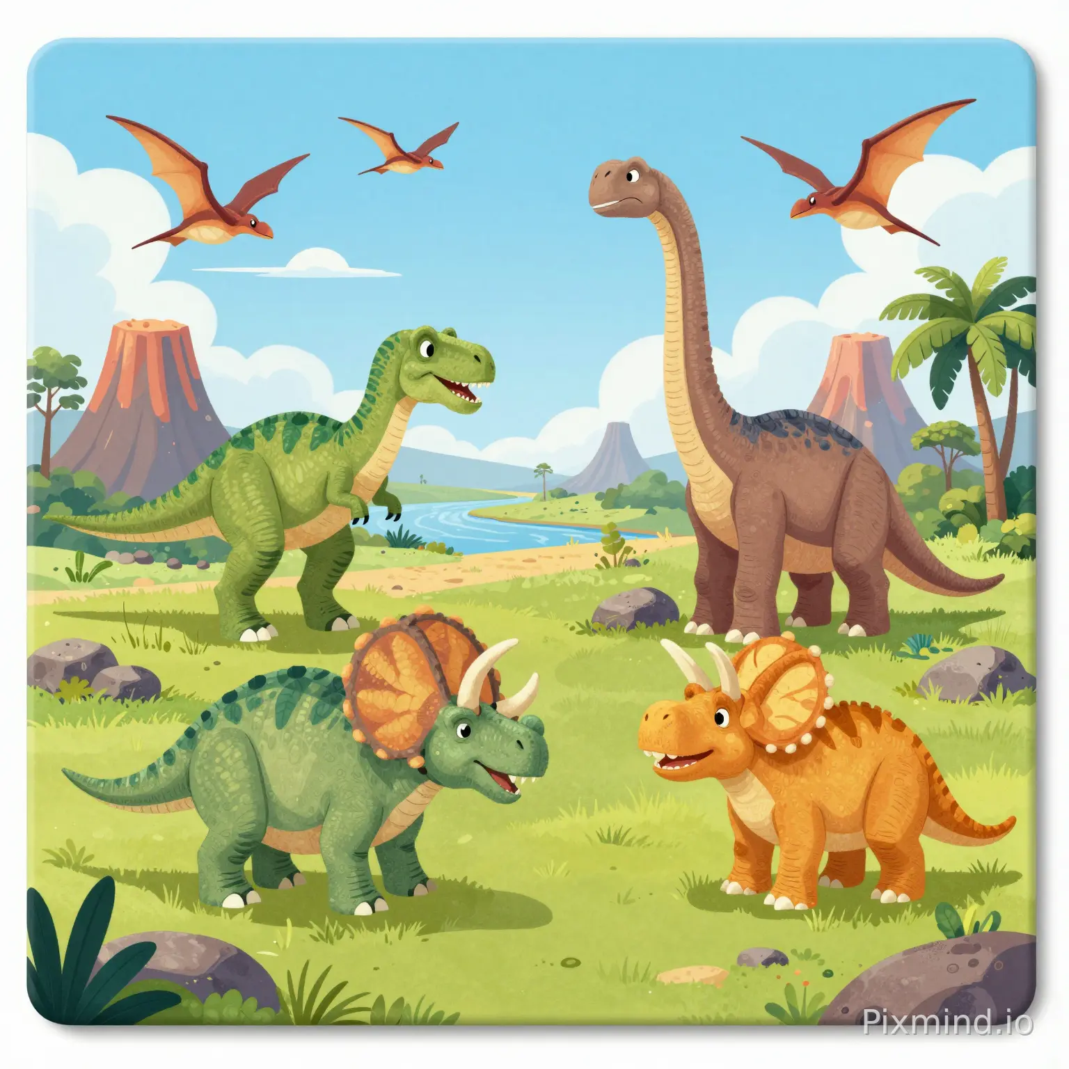 A highly detailed cartoon-style illustration designed for a premium children’s floor puzzle composition, featuring an educational dinosaur valley in a bright Western storybook illustration style. The scene shows several well-known dinosaurs clearly displayed across an open prehistoric landscape, including a Tyrannosaurus rex, triceratops, brachiosaurus, and pterosaurs flying in the sky. The environment contains simple volcanoes, rivers, rocks, grasslands, and tropical trees beneath a bright blue sky. Each dinosaur is large, colorful, and easy to recognize with friendly cartoon expressions and clean composition focused on learning and exploration, no AI artifacts, a perfect choice for children’s puzzles.