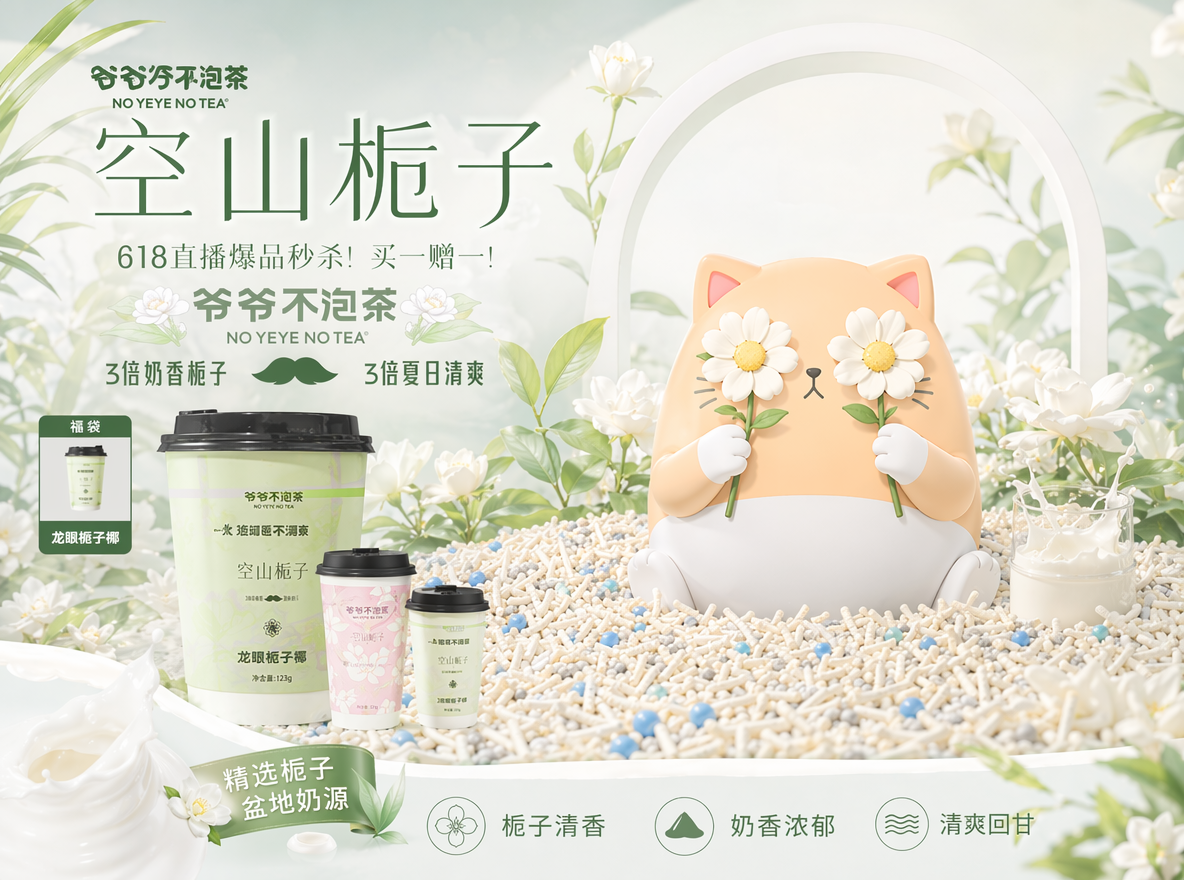 做直播间背景KT板设计,参考图二,猫咪IP蹲在混合猫砂上,混合猫砂由多元颗粒构成:主体是奶白色长条状豆腐砂,颗粒纹理细腻、形态规整,交错堆叠呈现蓬松质感;均匀混有浅灰色细碎膨润土颗粒与亮蓝色圆形除臭珠,不同颗粒大小、质感对比鲜明,并且猫咪IP的动作姿态搞怪拿两朵花挡住眼睛,表情可爱。整体色系为白绿色,奶白色。图一为设计风格参考。整个场景增加栀子元素,以及一些奶香元素。