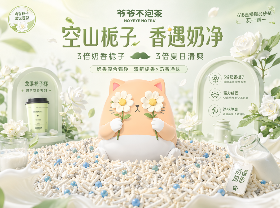做直播间背景KT板设计,参考图二,猫咪IP蹲在混合猫砂上,混合猫砂由多元颗粒构成:主体是奶白色长条状豆腐砂,颗粒纹理细腻、形态规整,交错堆叠呈现蓬松质感;均匀混有浅灰色细碎膨润土颗粒与亮蓝色圆形除臭珠,不同颗粒大小、质感对比鲜明,并且猫咪IP的动作姿态搞怪拿两朵花挡住眼睛,表情可爱。整体色系为白绿色,奶白色。图一为设计风格参考。整个场景增加栀子元素,以及一些奶香元素。