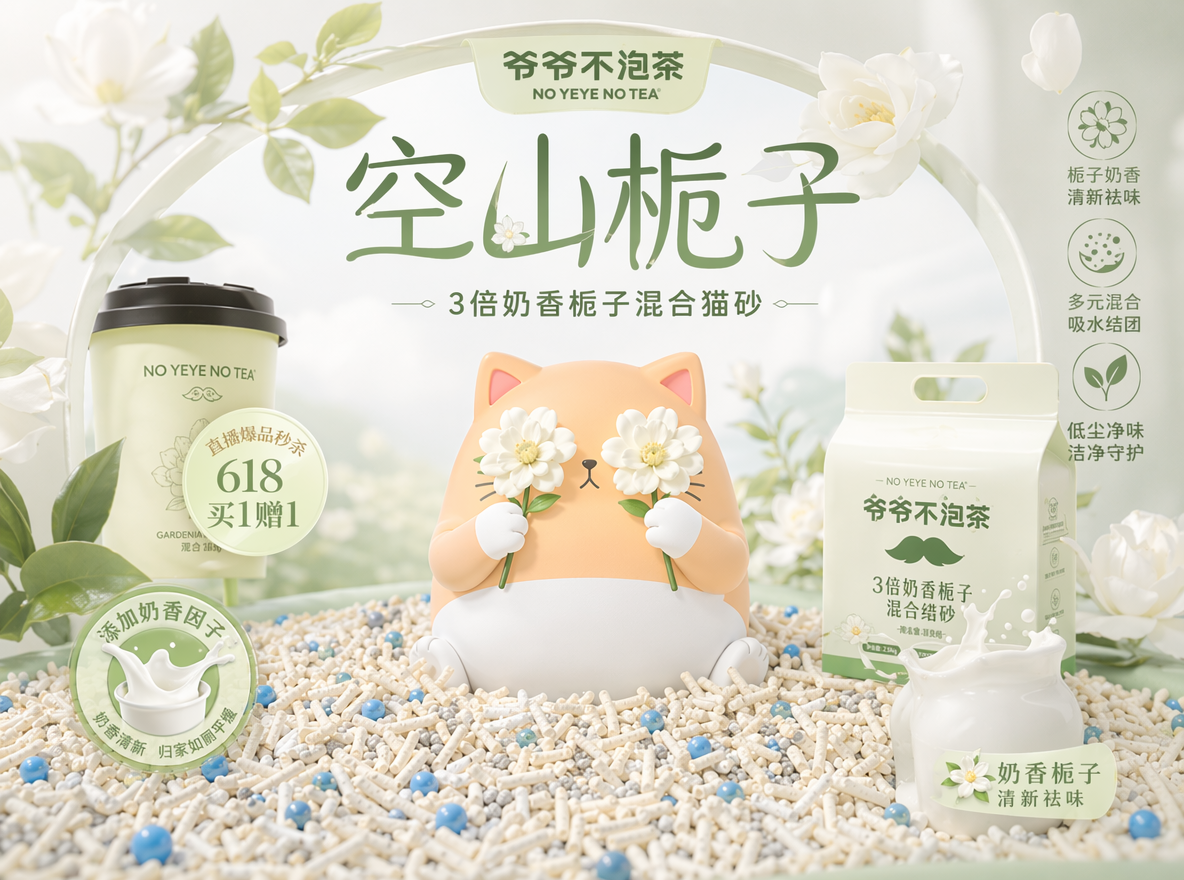 做直播间背景KT板设计,参考图二,猫咪IP蹲在混合猫砂上,混合猫砂由多元颗粒构成:主体是奶白色长条状豆腐砂,颗粒纹理细腻、形态规整,交错堆叠呈现蓬松质感;均匀混有浅灰色细碎膨润土颗粒与亮蓝色圆形除臭珠,不同颗粒大小、质感对比鲜明,并且猫咪IP的动作姿态搞怪拿两朵花挡住眼睛,表情可爱。整体色系为白绿色,奶白色。图一为设计风格参考。整个场景增加栀子元素,以及一些奶香元素。