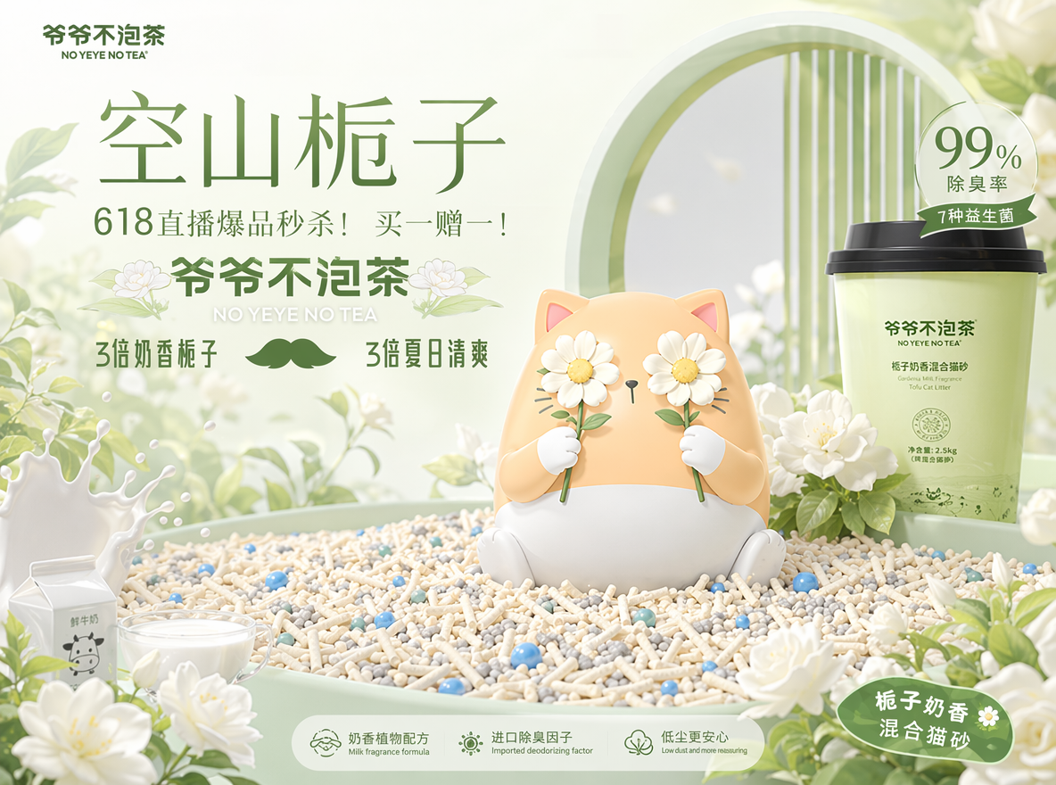 做直播间背景KT板设计,参考图二,猫咪IP蹲在混合猫砂上,混合猫砂由多元颗粒构成:主体是奶白色长条状豆腐砂,颗粒纹理细腻、形态规整,交错堆叠呈现蓬松质感;均匀混有浅灰色细碎膨润土颗粒与亮蓝色圆形除臭珠,不同颗粒大小、质感对比鲜明,并且猫咪IP的动作姿态搞怪拿两朵花挡住眼睛,表情可爱。整体色系为白绿色,奶白色。图一为设计风格参考。整个场景增加栀子元素,以及一些奶香元素。