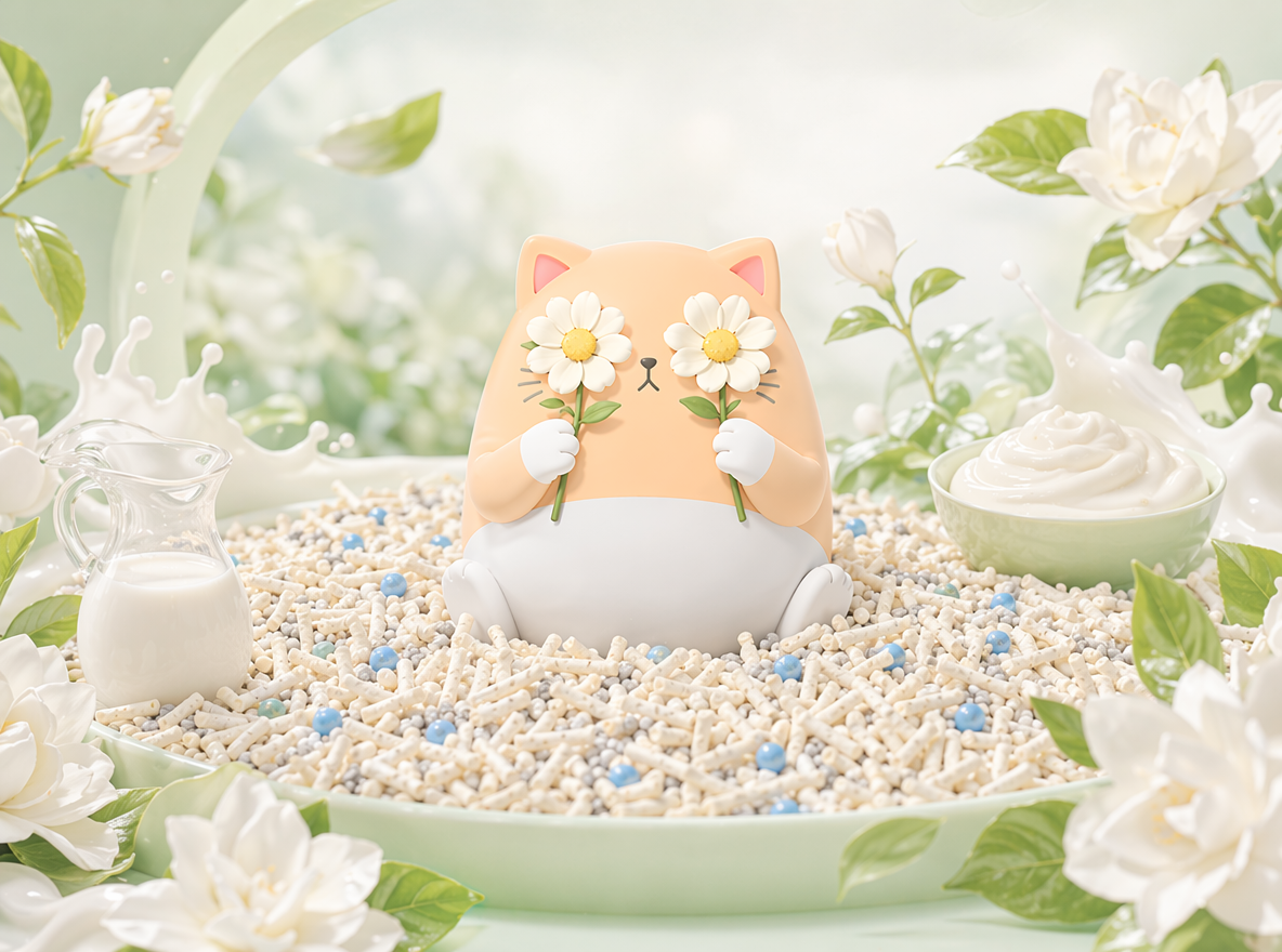 做直播间背景KT板设计,参考图二,猫咪IP蹲在混合猫砂上,混合猫砂由多元颗粒构成:主体是奶白色长条状豆腐砂,颗粒纹理细腻、形态规整,交错堆叠呈现蓬松质感;均匀混有浅灰色细碎膨润土颗粒与亮蓝色圆形除臭珠,不同颗粒大小、质感对比鲜明,并且猫咪IP的动作姿态搞怪拿两朵花挡住眼睛,表情可爱。整体色系为白绿色,奶白色。图一为设计风格参考,只参考风格,不要出现奶茶杯,只需要场景,不需要排版。整个场景增加栀子元素,以及一些奶香元素。