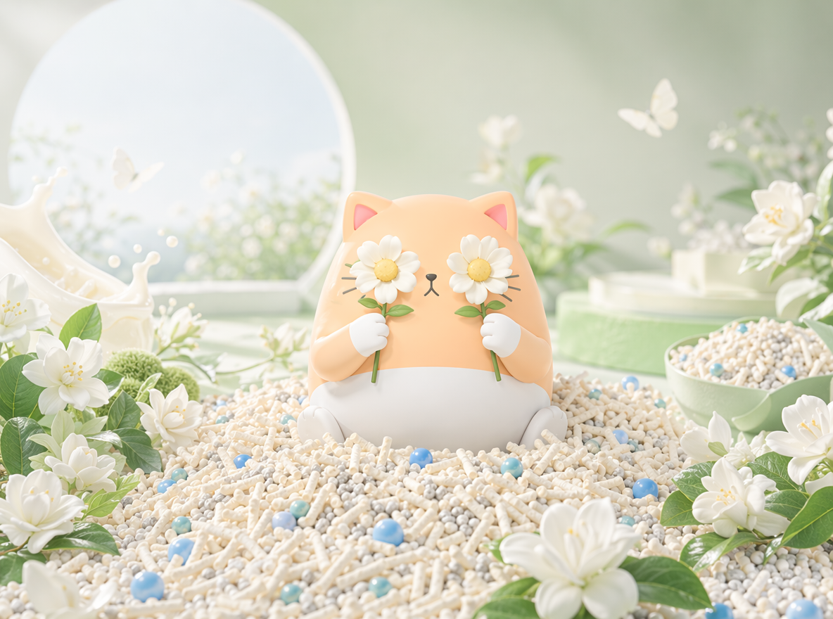 做直播间背景KT板设计,参考图二,猫咪IP蹲在混合猫砂上,混合猫砂由多元颗粒构成:主体是奶白色长条状豆腐砂,颗粒纹理细腻、形态规整,交错堆叠呈现蓬松质感;均匀混有浅灰色细碎膨润土颗粒与亮蓝色圆形除臭珠,不同颗粒大小、质感对比鲜明,并且猫咪IP的动作姿态搞怪拿两朵花挡住眼睛,表情可爱。整体色系为白绿色,奶白色。图一为设计风格参考,只参考风格,不要出现奶茶杯,只需要场景,不需要排版。整个场景增加栀子元素,以及一些奶香元素。
