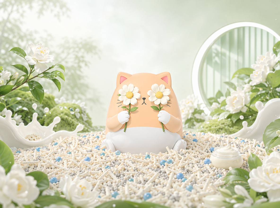 做直播间背景KT板设计,参考图二,猫咪IP蹲在混合猫砂上,混合猫砂由多元颗粒构成:主体是奶白色长条状豆腐砂,颗粒纹理细腻、形态规整,交错堆叠呈现蓬松质感;均匀混有浅灰色细碎膨润土颗粒与亮蓝色圆形除臭珠,不同颗粒大小、质感对比鲜明,并且猫咪IP的动作姿态搞怪拿两朵花挡住眼睛,表情可爱。整体色系为白绿色,奶白色。图一为设计风格参考,只参考风格,不要出现奶茶杯,只需要场景,不需要排版。整个场景增加栀子元素,以及一些奶香元素。